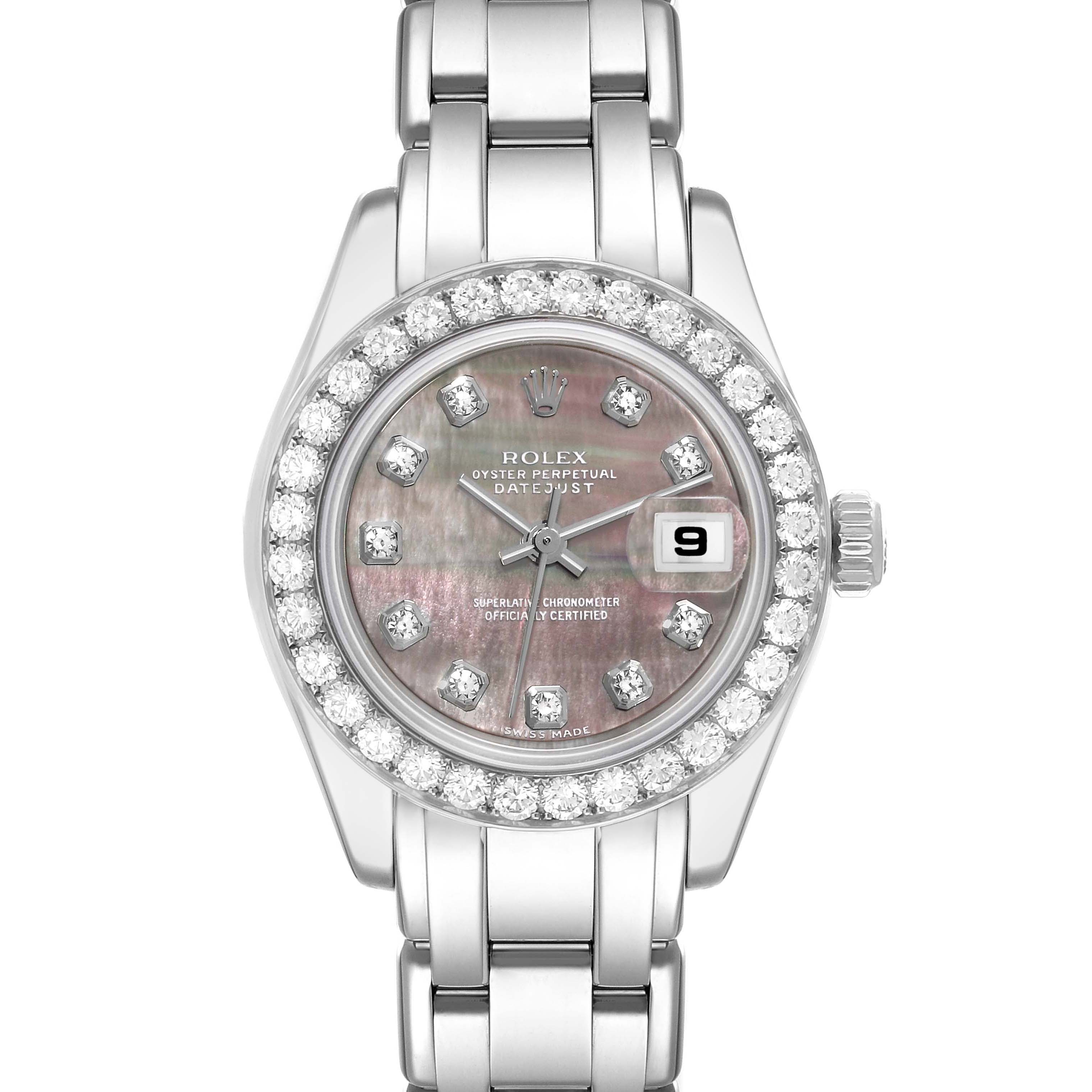 The image shows a front view of a Rolex Pearlmaster 80299 Women's White Gold Mother of Pearl Dial 80299 Women's White Gold Mother of Pearl Dial watch, highlighting the dial, bezel, bracelet, and date window.