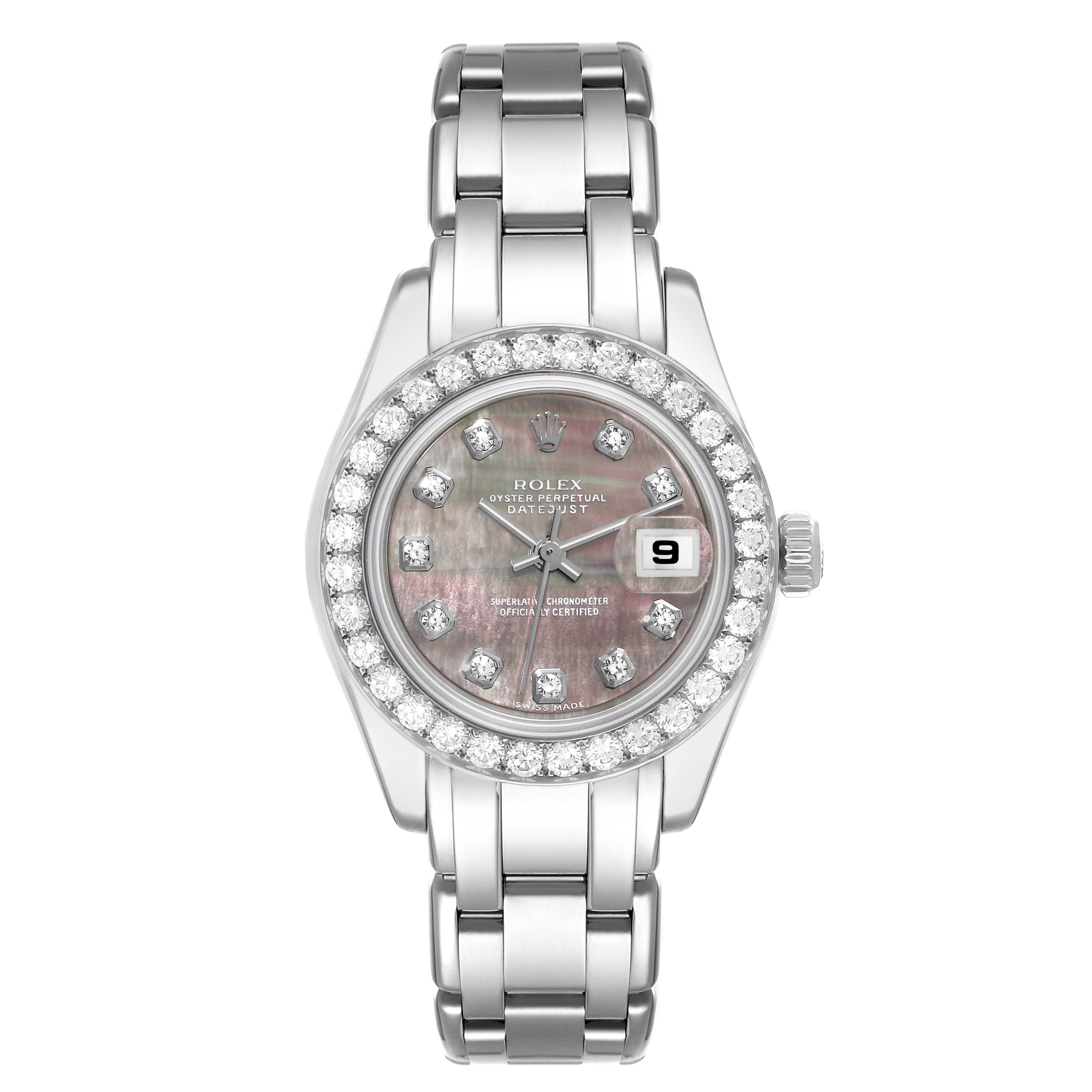 The image shows a front-facing view of a Rolex Pearlmaster 80299 Women's White Gold Mother of Pearl Dial 80299 Women's White Gold Mother of Pearl Dial watch, highlighting its bezel, dial, bracelet, and date display.
