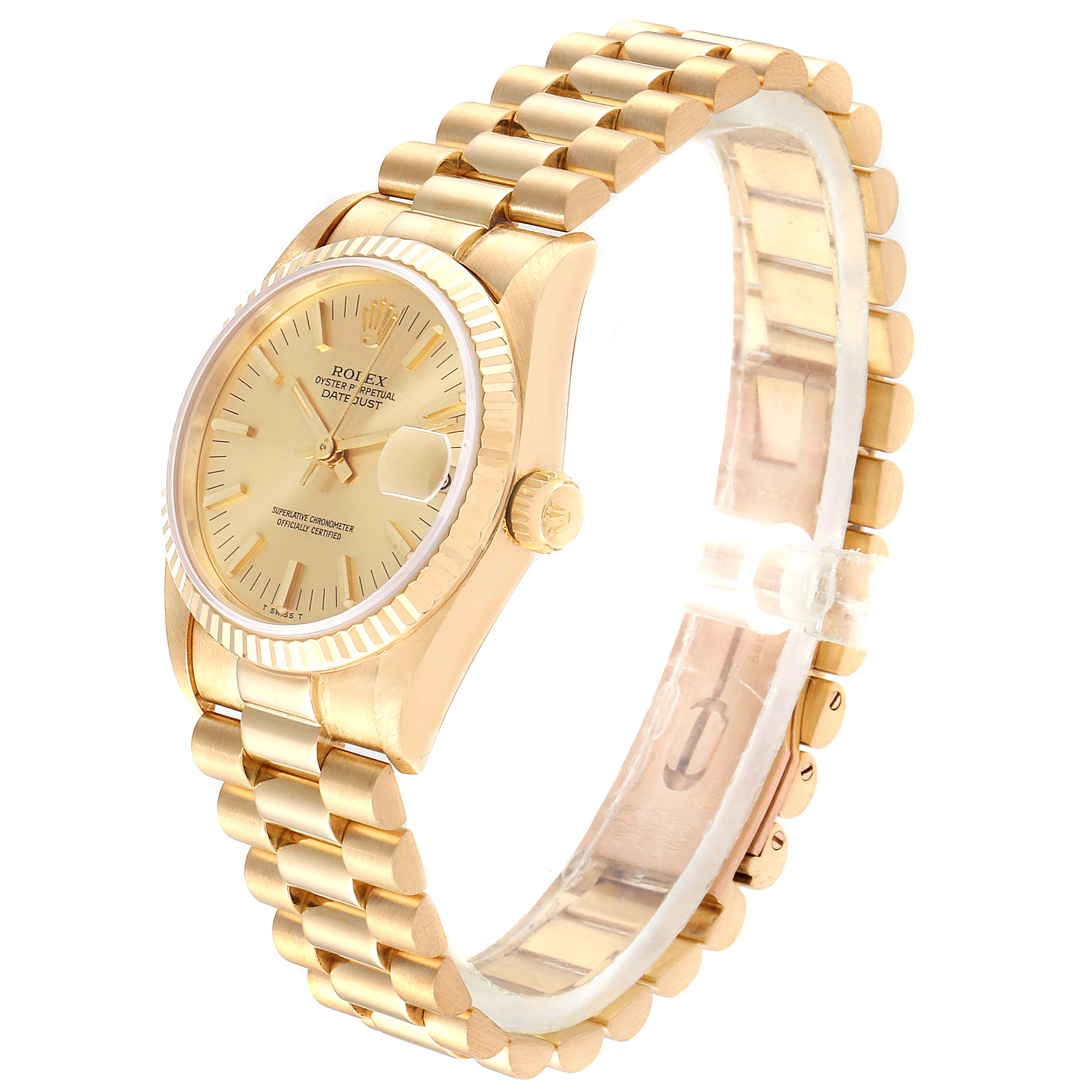 The Rolex President 68278 Women
s Yellow Gold Champagne Dial 68278 Women
s Yellow Gold Champagne Dial model watch is shown at a three-quarter angle, displaying its gold bracelet, dial, and crown.