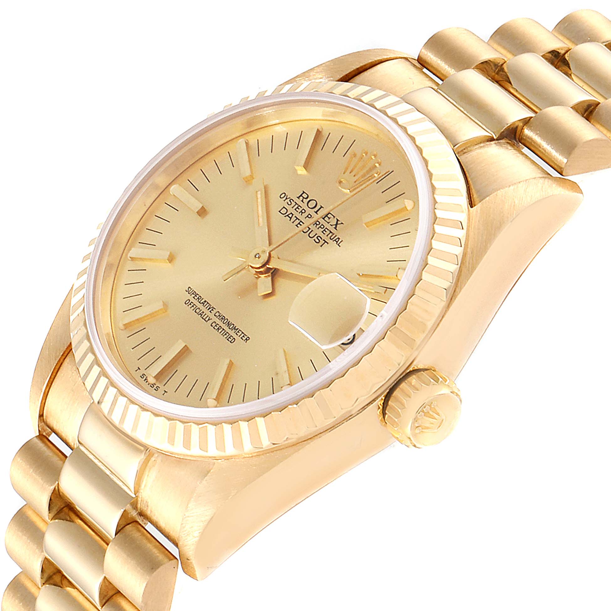 The Rolex President 68278 Women
s Yellow Gold Champagne Dial 68278 Women
s Yellow Gold Champagne Dial model watch is shown at an angle highlighting the face, bezel, crown, and bracelet.