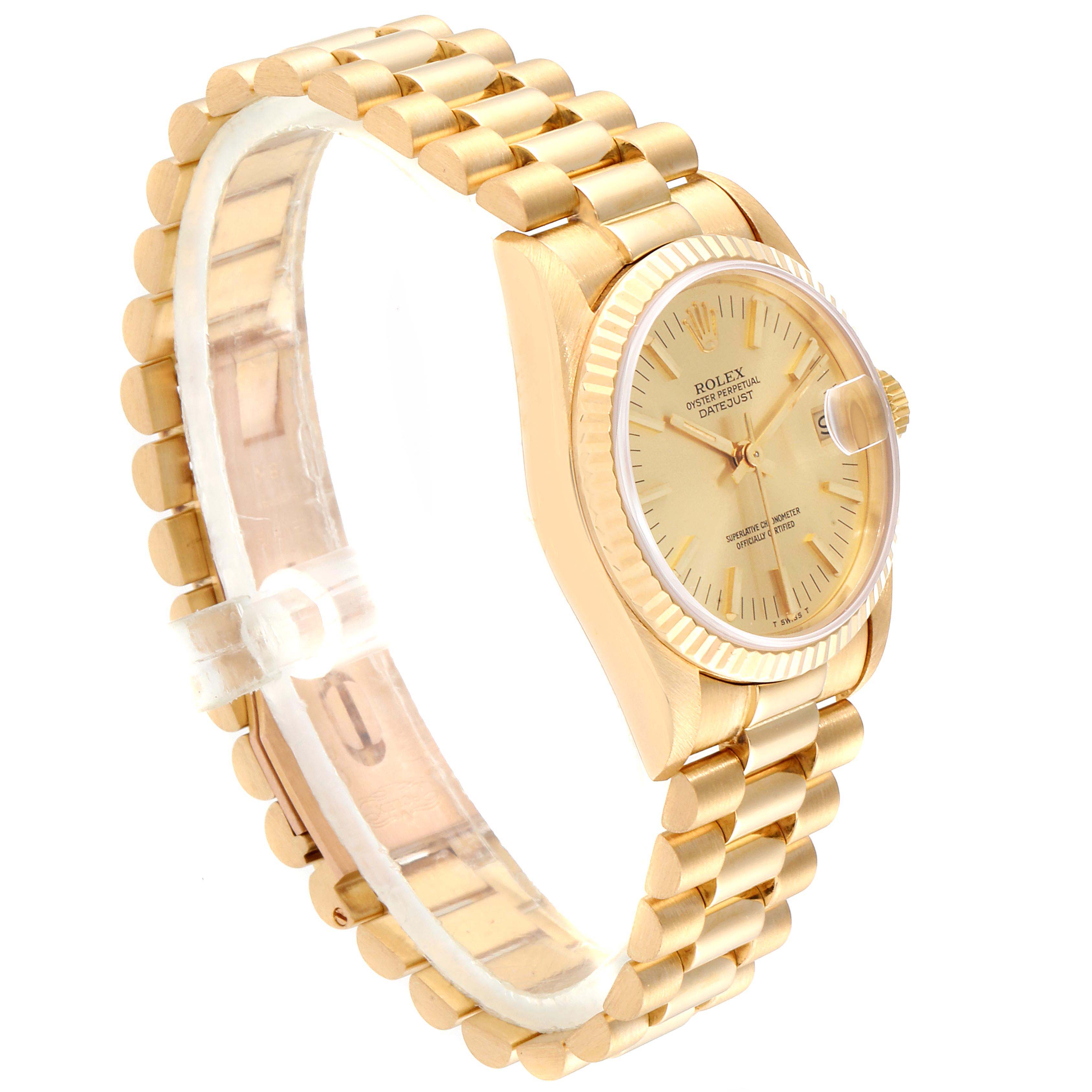 The Rolex President 68278 Women
s Yellow Gold Champagne Dial 68278 Women
s Yellow Gold Champagne Dial model watch is shown at a three-quarter angle, displaying the bracelet, bezel, dial, and side profile.