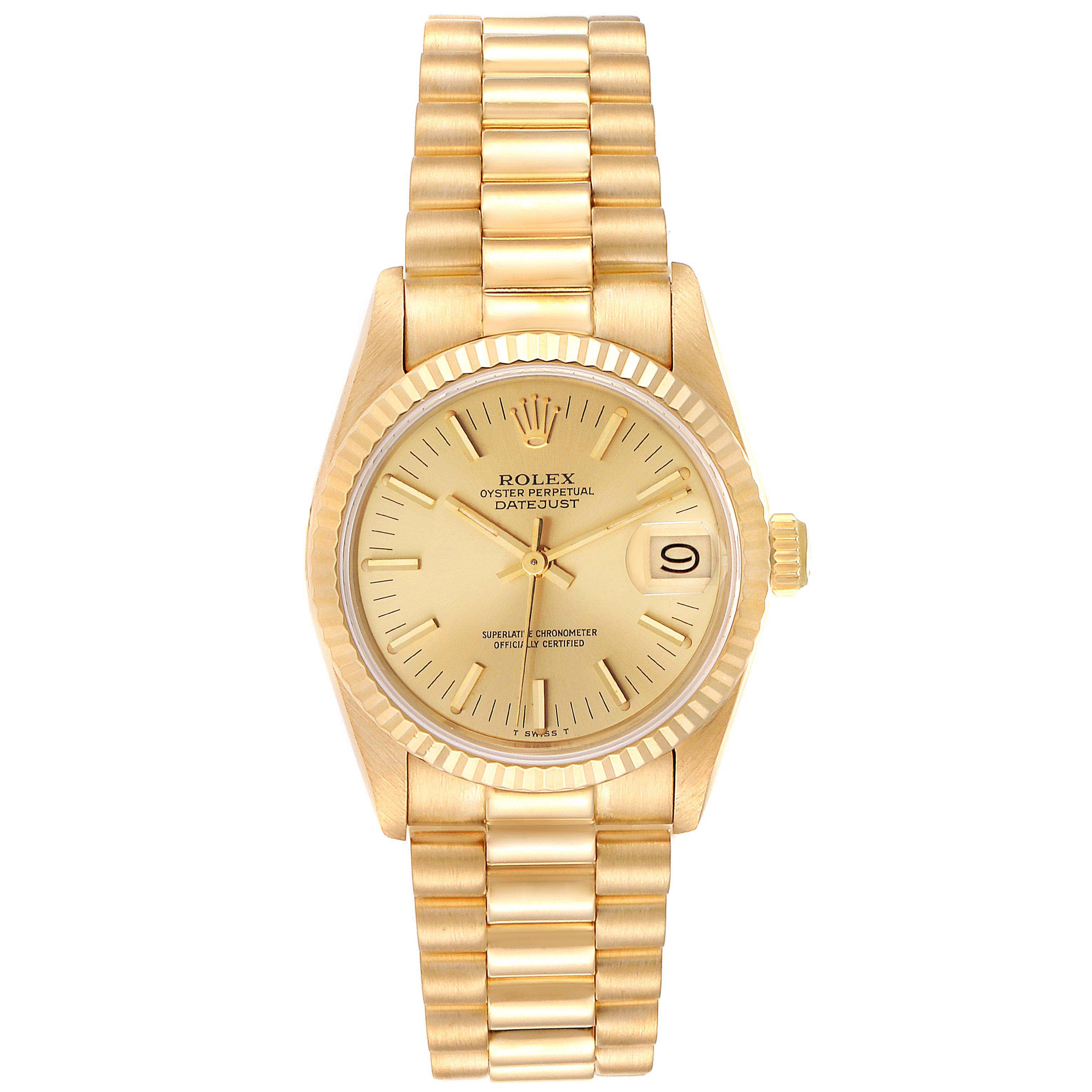 The image shows a front view of a Rolex President 68278 Women
s Yellow Gold Champagne Dial 68278 Women
s Yellow Gold Champagne Dial model watch, highlighting its gold band, face, and date display.