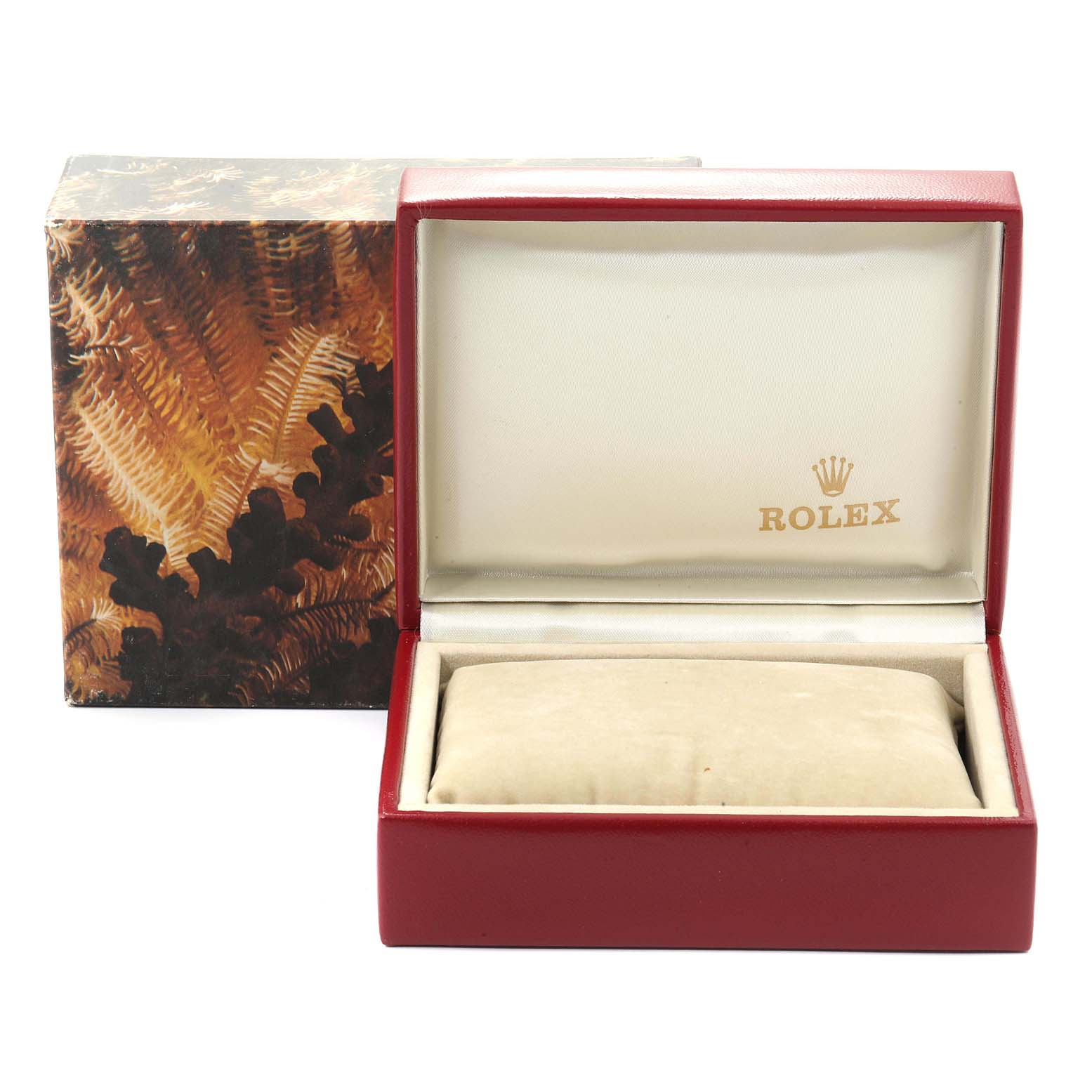 This image shows an open Rolex President 68278 Women
s Yellow Gold Champagne Dial 68278 Women
s Yellow Gold Champagne Dial model watch box with the brand logo inside and the outer packaging.