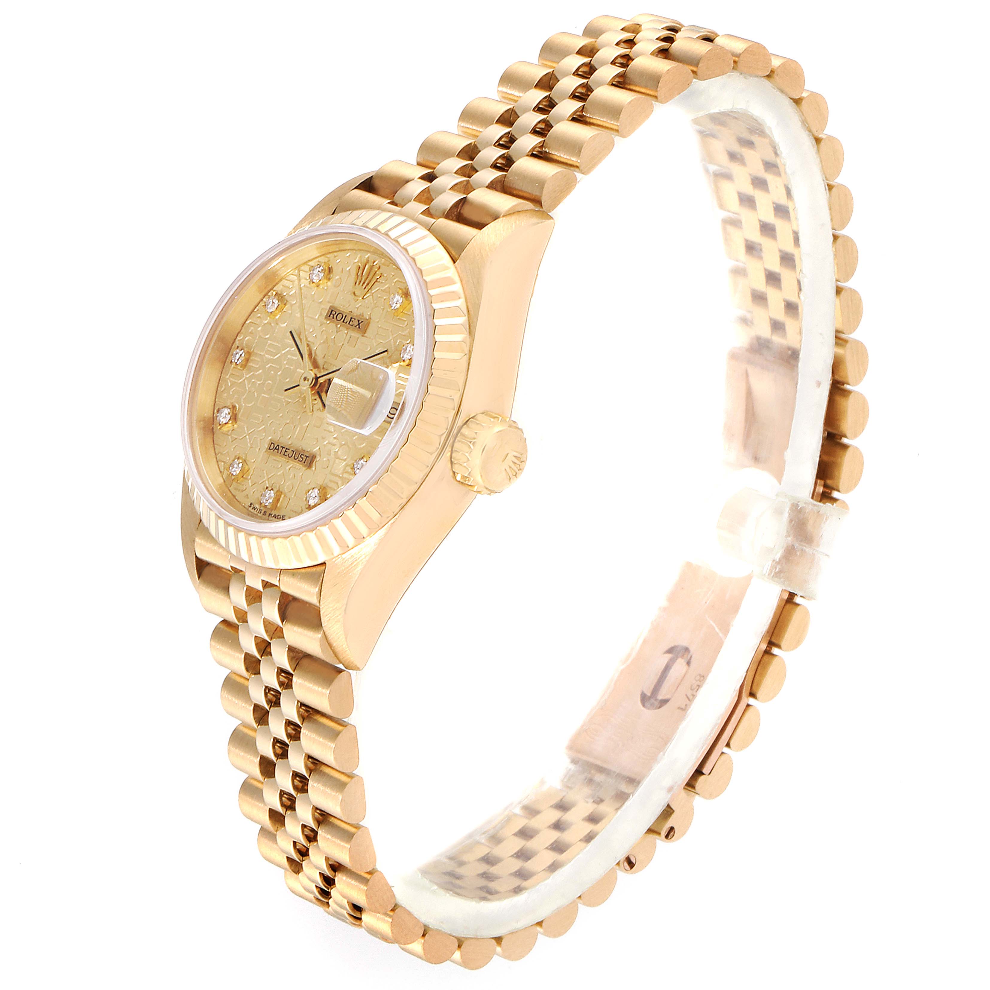 This is a side and angled view of a Rolex President 69178 Women
s Yellow Gold Champagne Dial 69178 Women
s Yellow Gold Champagne Dial model watch, showing the dial, bezel, crown, and bracelet.