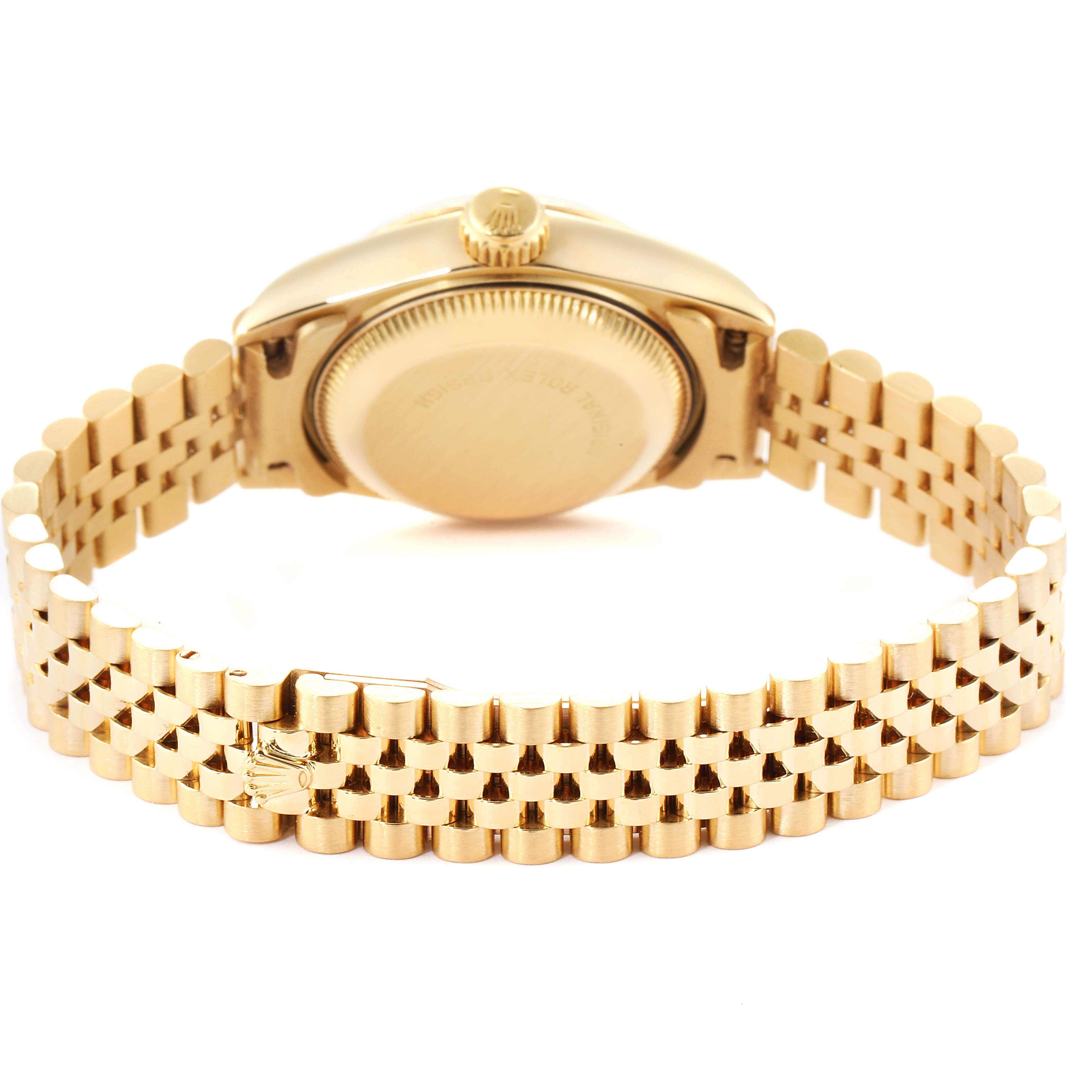 The image shows the back side of a Rolex President 69178 Women
s Yellow Gold Champagne Dial 69178 Women
s Yellow Gold Champagne Dial model watch, highlighting the case back and bracelet.