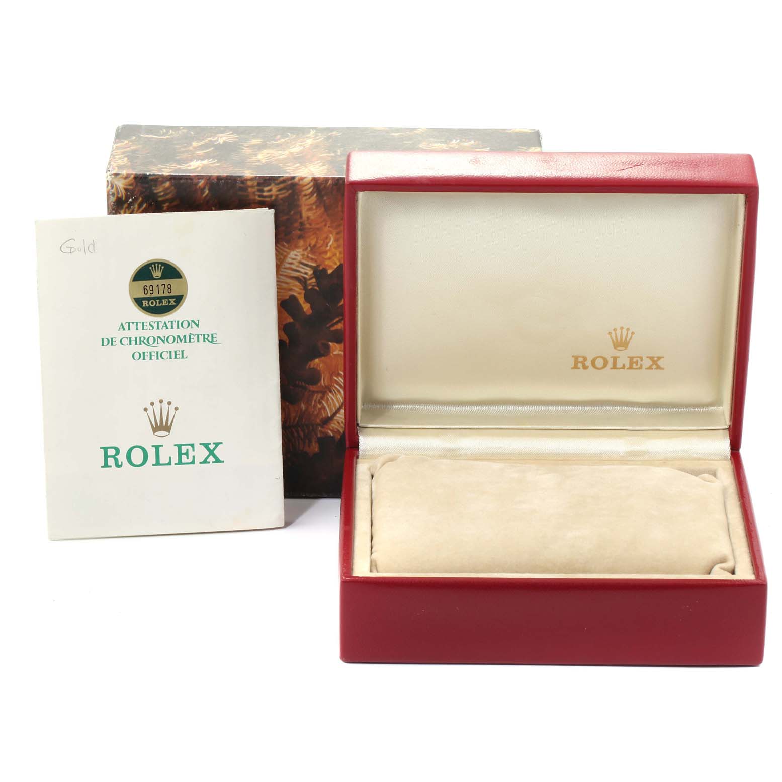 The image shows the open red box and certification booklet for a Rolex President 69178 Women
s Yellow Gold Champagne Dial 69178 Women
s Yellow Gold Champagne Dial model watch.