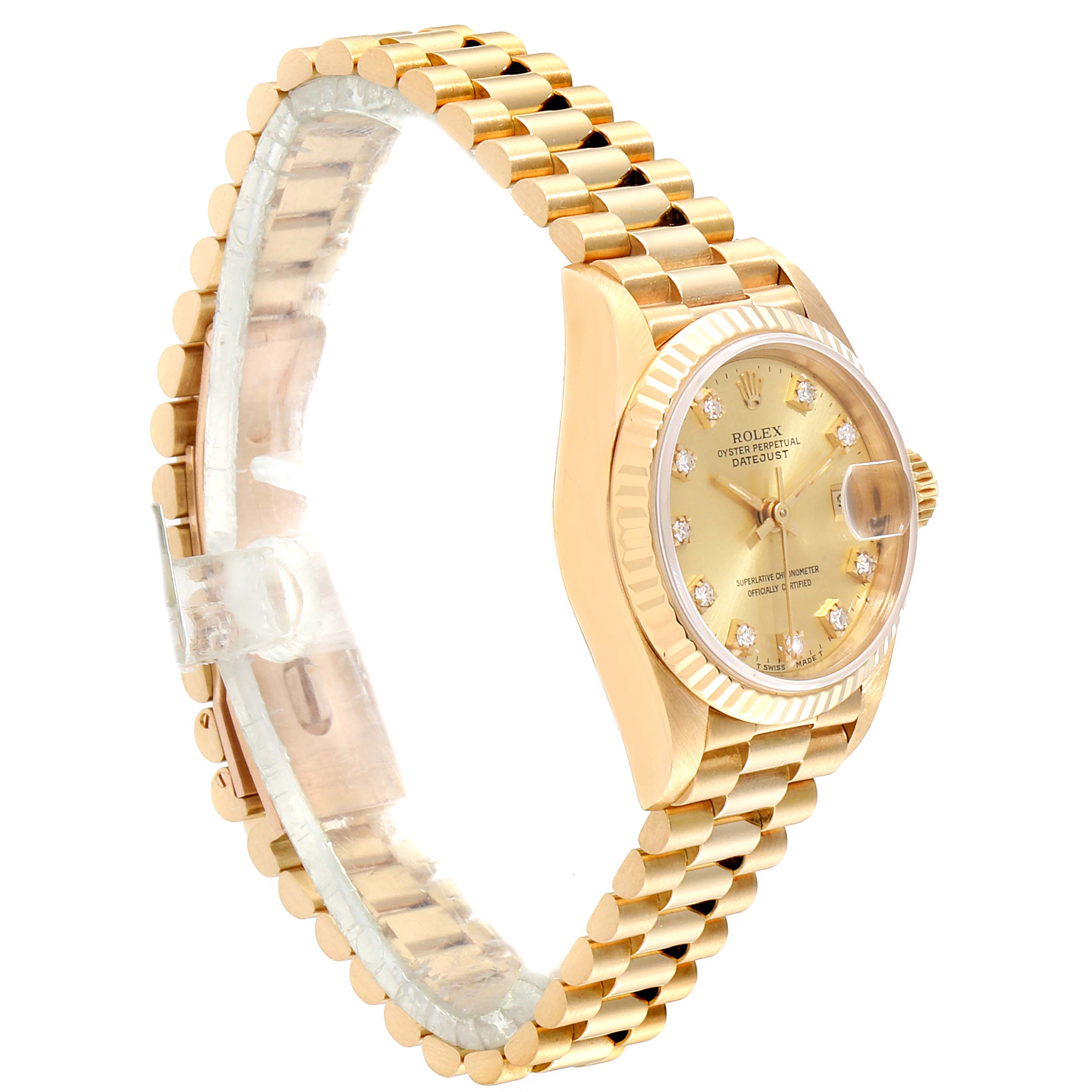 The image shows a side angle of a Rolex President 69178 Women
s Yellow Gold Champagne Dial 69178 Women
s Yellow Gold Champagne Dial model watch, highlighting its gold bracelet, bezel, and diamond hour markers on the dial.