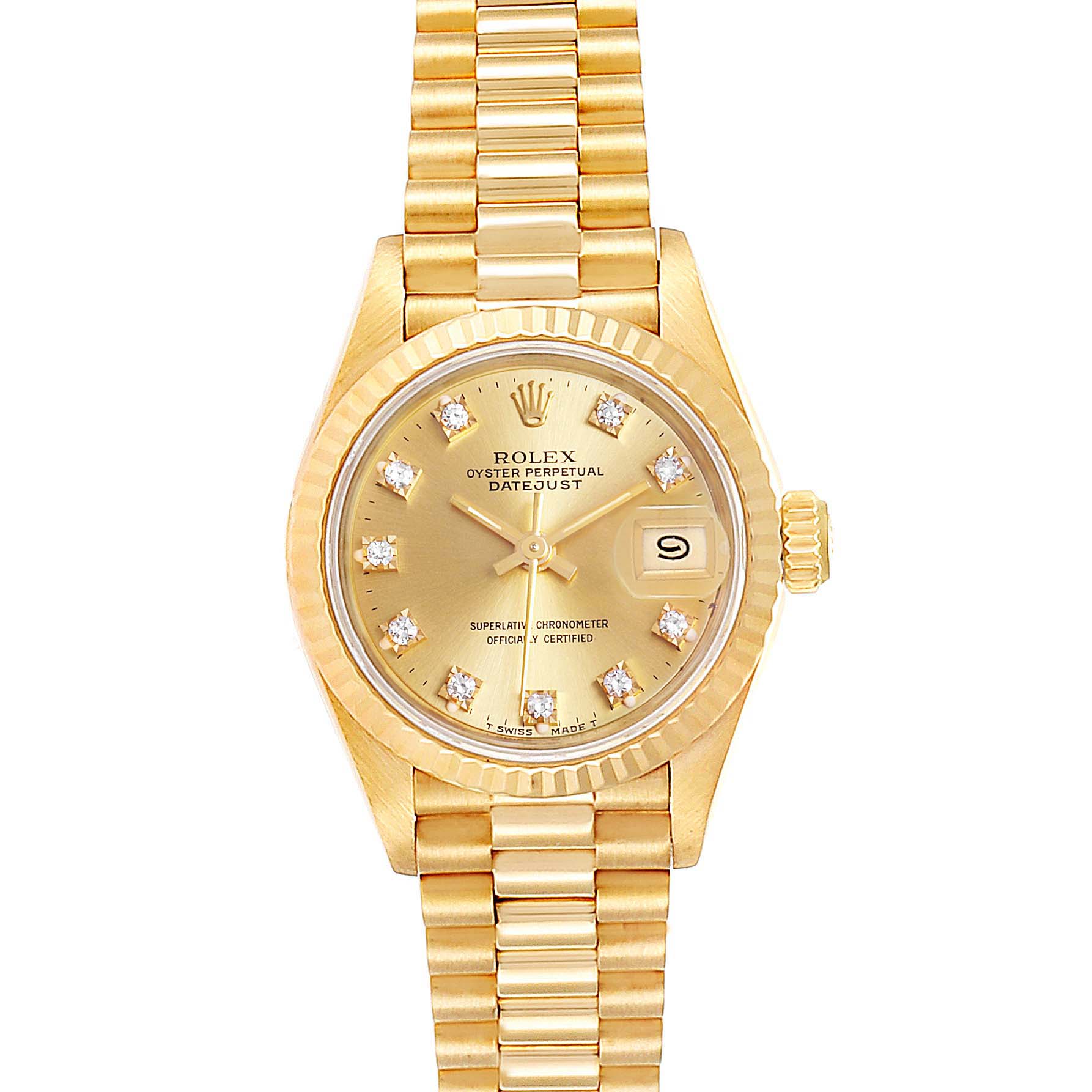 The image shows a frontal view of a Rolex President 69178 Women
s Yellow Gold Champagne Dial 69178 Women
s Yellow Gold Champagne Dial model watch, highlighting the dial, bracelet, and date window.
