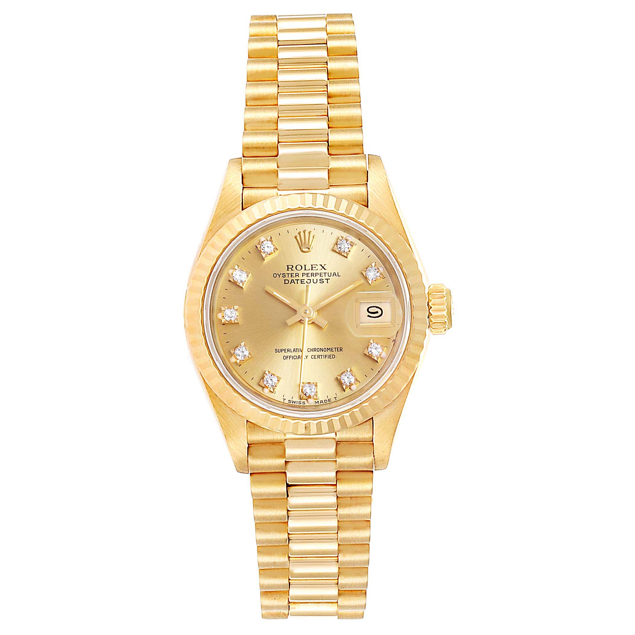 The image shows a frontal view of the Rolex President 69178 Women
s Yellow Gold Champagne Dial 69178 Women
s Yellow Gold Champagne Dial model watch, displaying the dial, bezel, and bracelet.