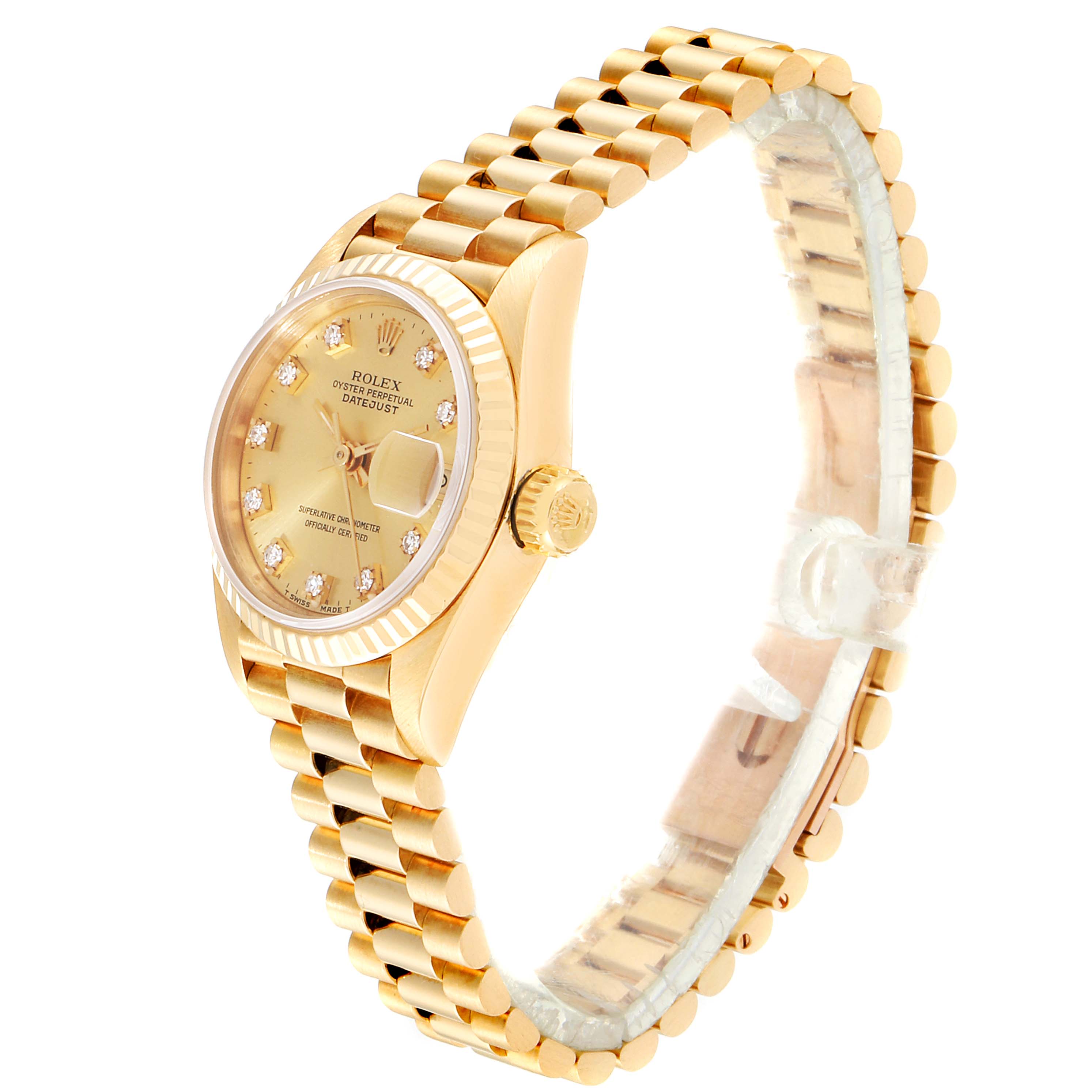 The image shows a side angle of a gold Rolex President 69178 Women
s Yellow Gold Champagne Dial 69178 Women
s Yellow Gold Champagne Dial model watch, highlighting the dial, bracelet, and crown.