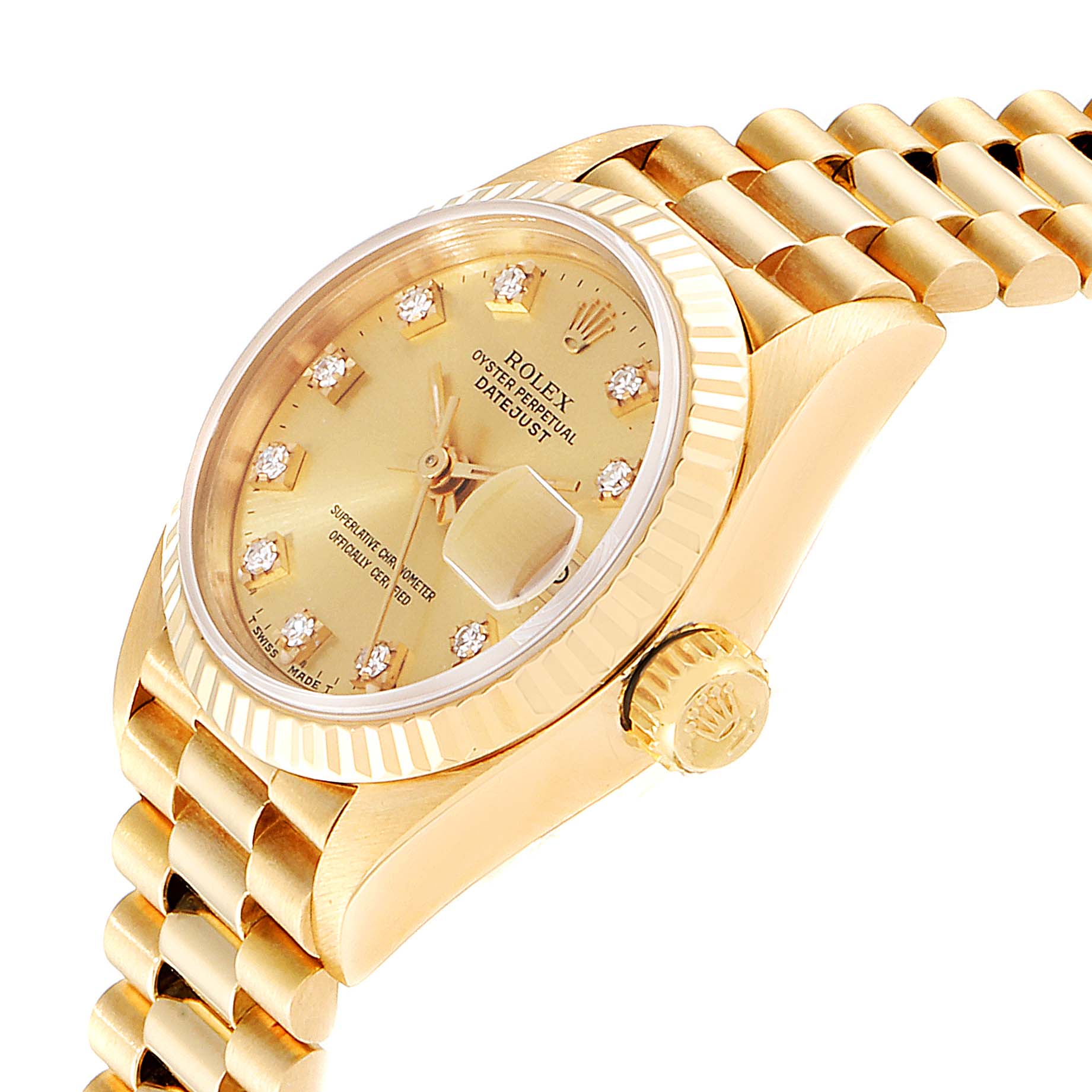 The image shows a close-up, angled view of a Rolex President 69178 Women
s Yellow Gold Champagne Dial 69178 Women
s Yellow Gold Champagne Dial model watch, highlighting the dial, crown, and part of the bracelet.