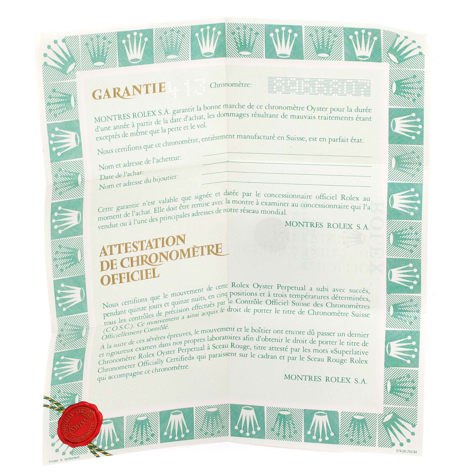 This image shows a folded warranty certificate for the Rolex President 69178 Women
s Yellow Gold Champagne Dial 69178 Women
s Yellow Gold Champagne Dial model watch.