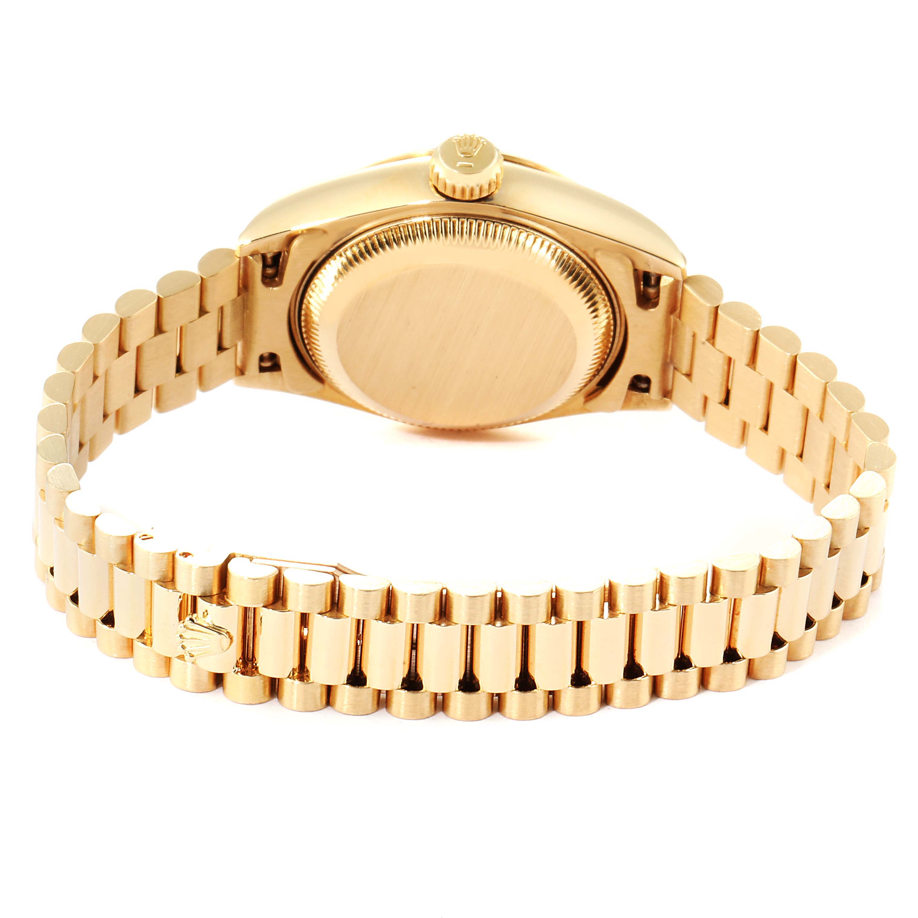 The image shows the back of a Rolex President 69178 Women
s Yellow Gold Champagne Dial 69178 Women
s Yellow Gold Champagne Dial model watch, featuring the case back and the bracelet.