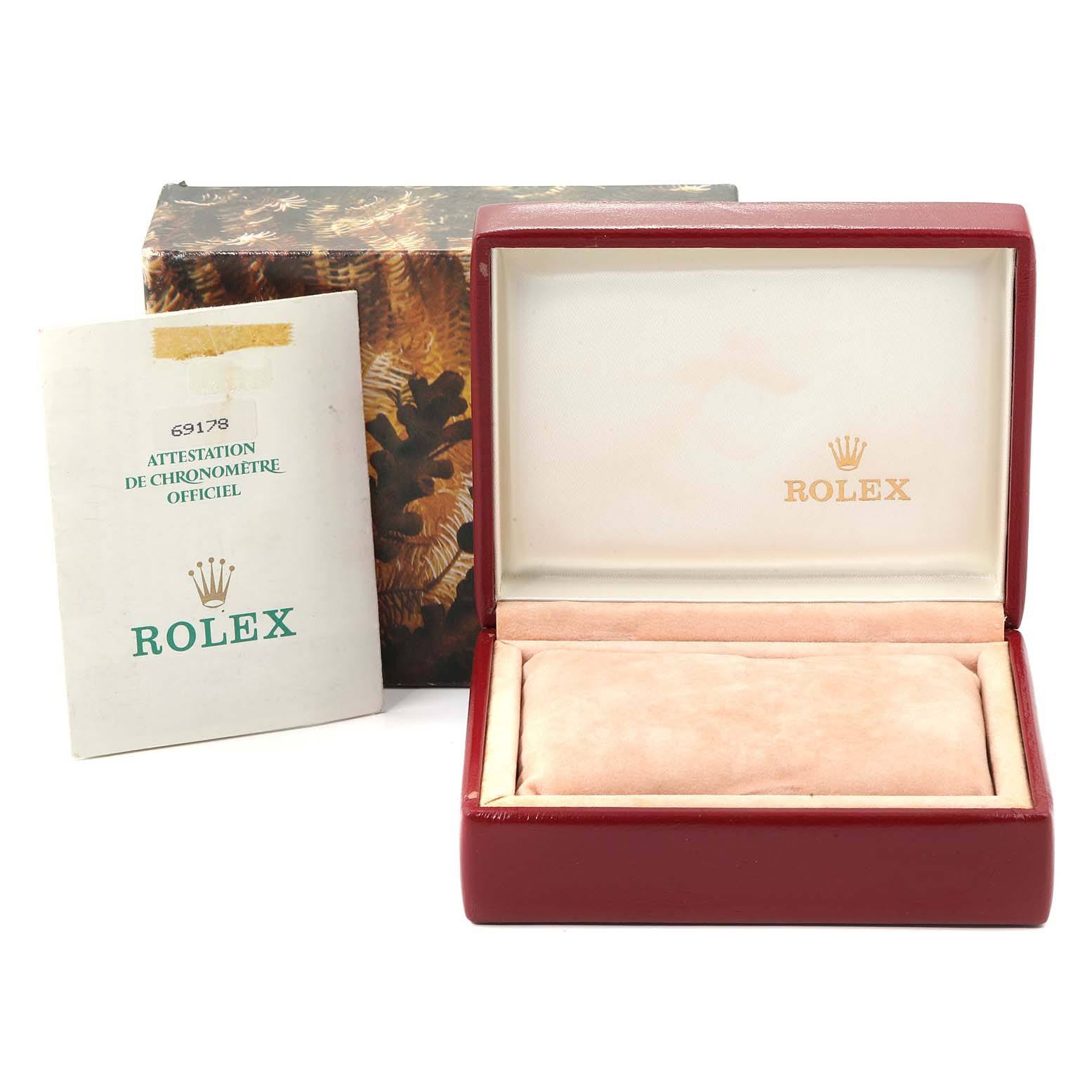 The image shows the open box and documentation for the Rolex President 69178 Women
s Yellow Gold Champagne Dial 69178 Women
s Yellow Gold Champagne Dial model.