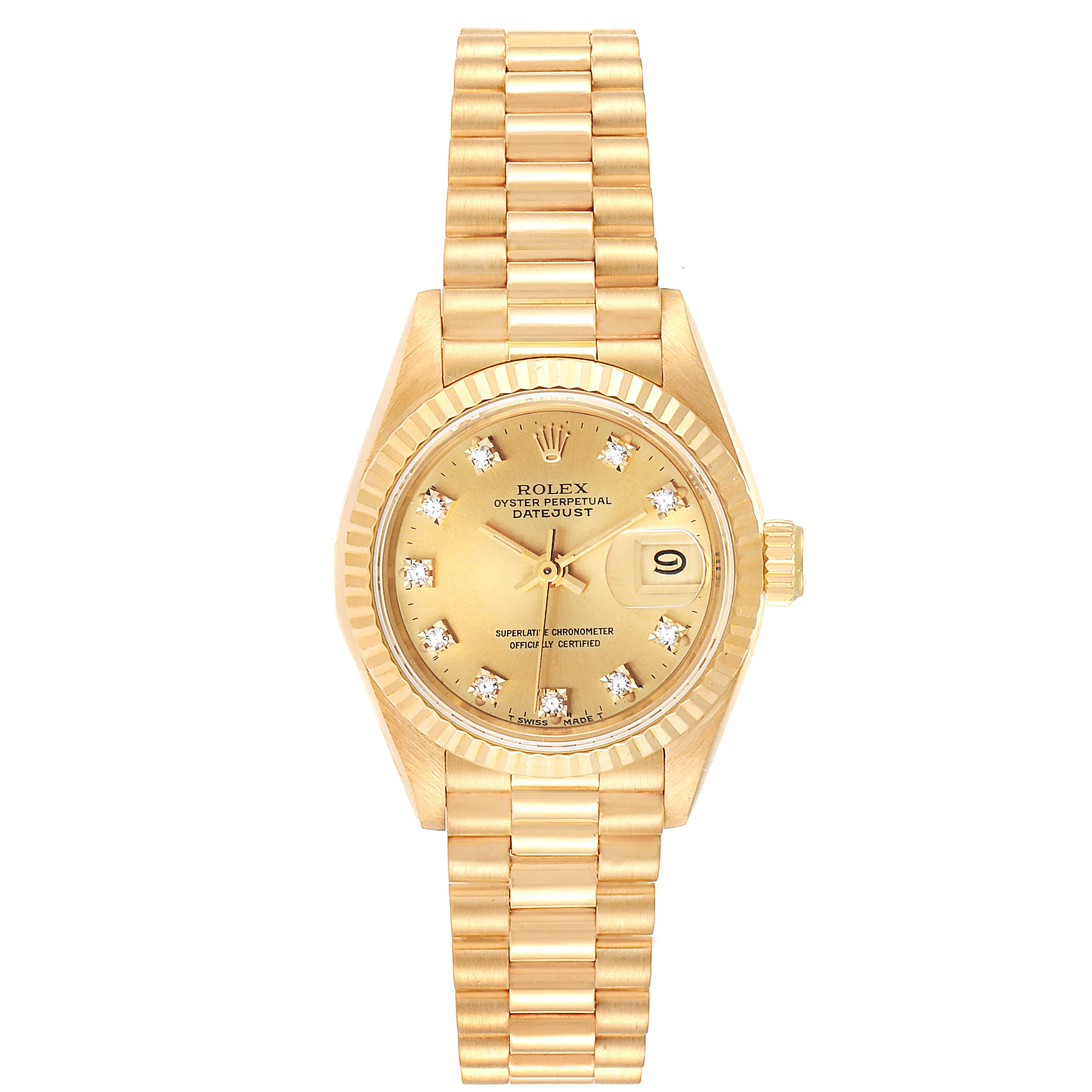 The image shows a front view of a Rolex President 69178 Women
s Yellow Gold Champagne Dial 69178 Women
s Yellow Gold Champagne Dial model watch, displaying its gold band, dial, and date feature.