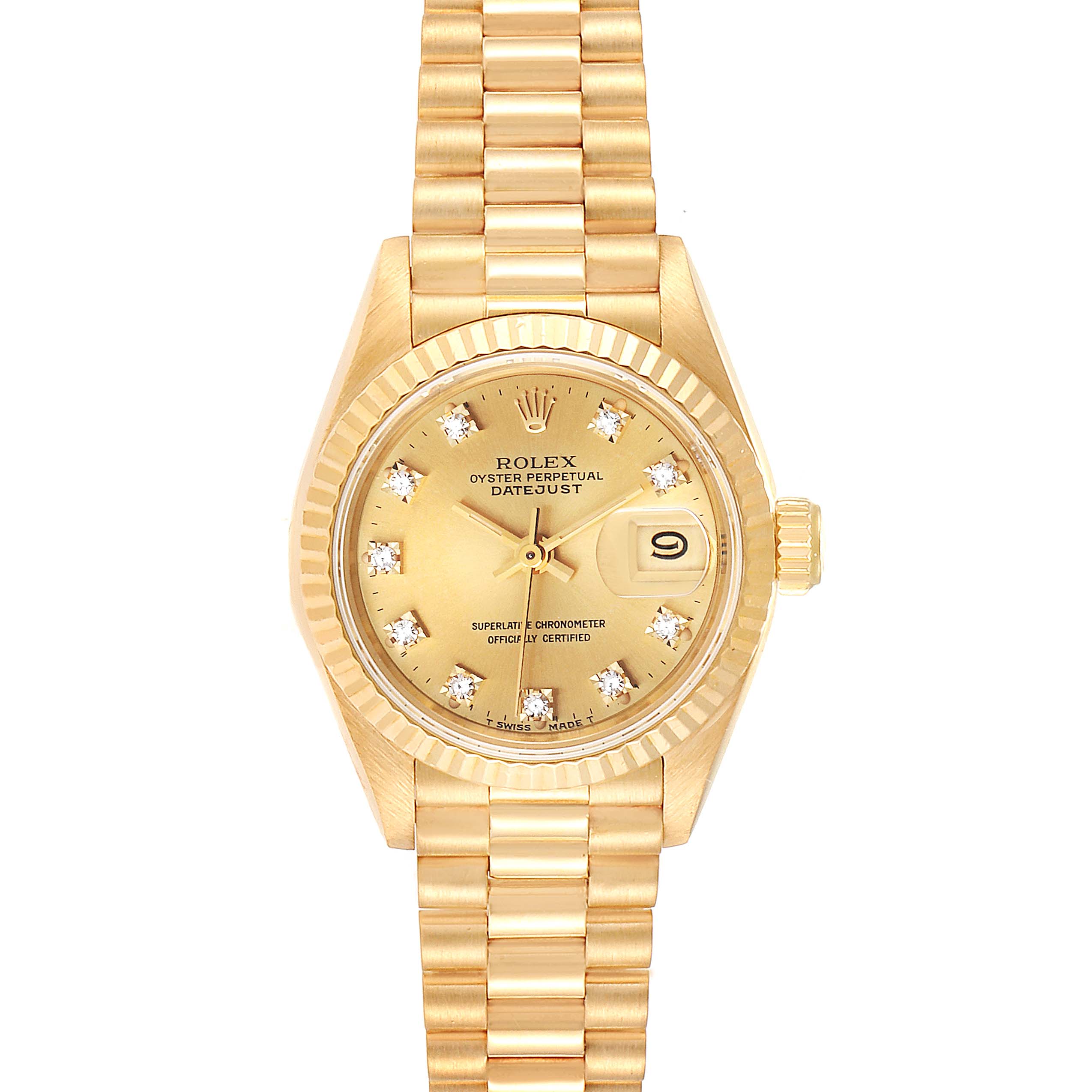 This image shows a front view of the Rolex President 69178 Women
s Yellow Gold Champagne Dial 69178 Women
s Yellow Gold Champagne Dial Oyster Perpetual Datejust, displaying the dial, bezel, bracelet, and crown.