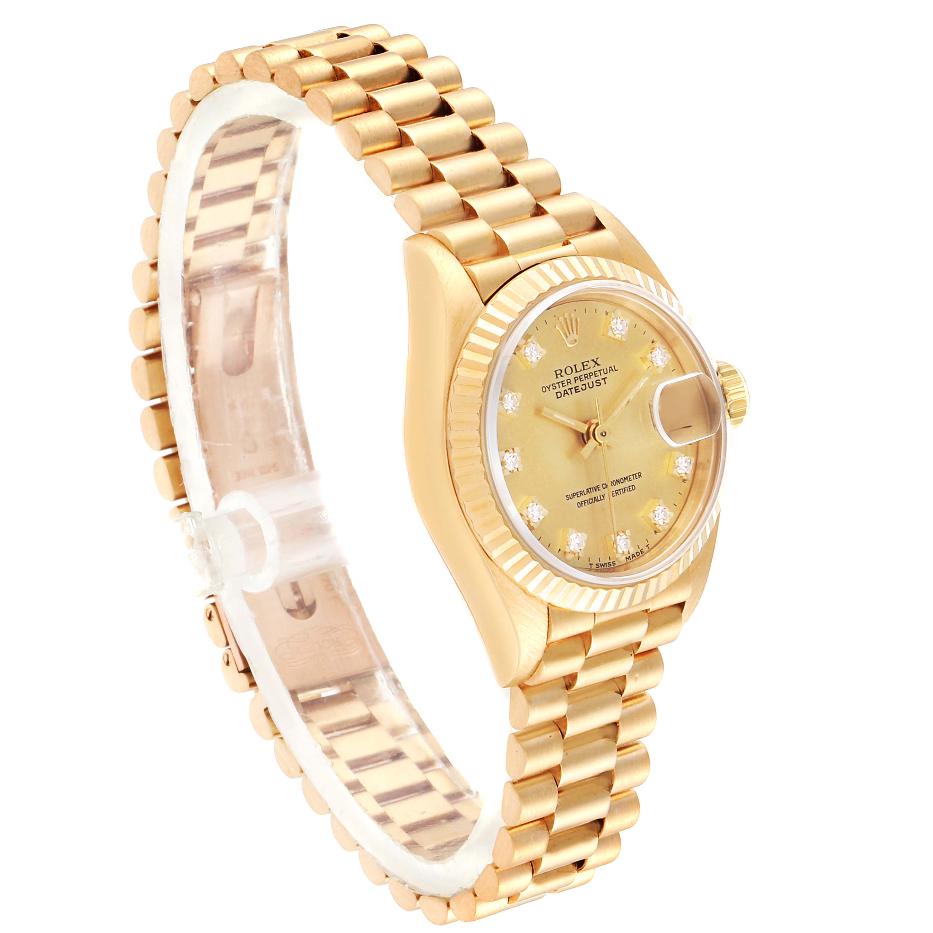 The image shows a side profile of a Rolex President 69178 Women
s Yellow Gold Champagne Dial 69178 Women
s Yellow Gold Champagne Dial model watch, highlighting the gold band, case, and dial with diamond hour markers.