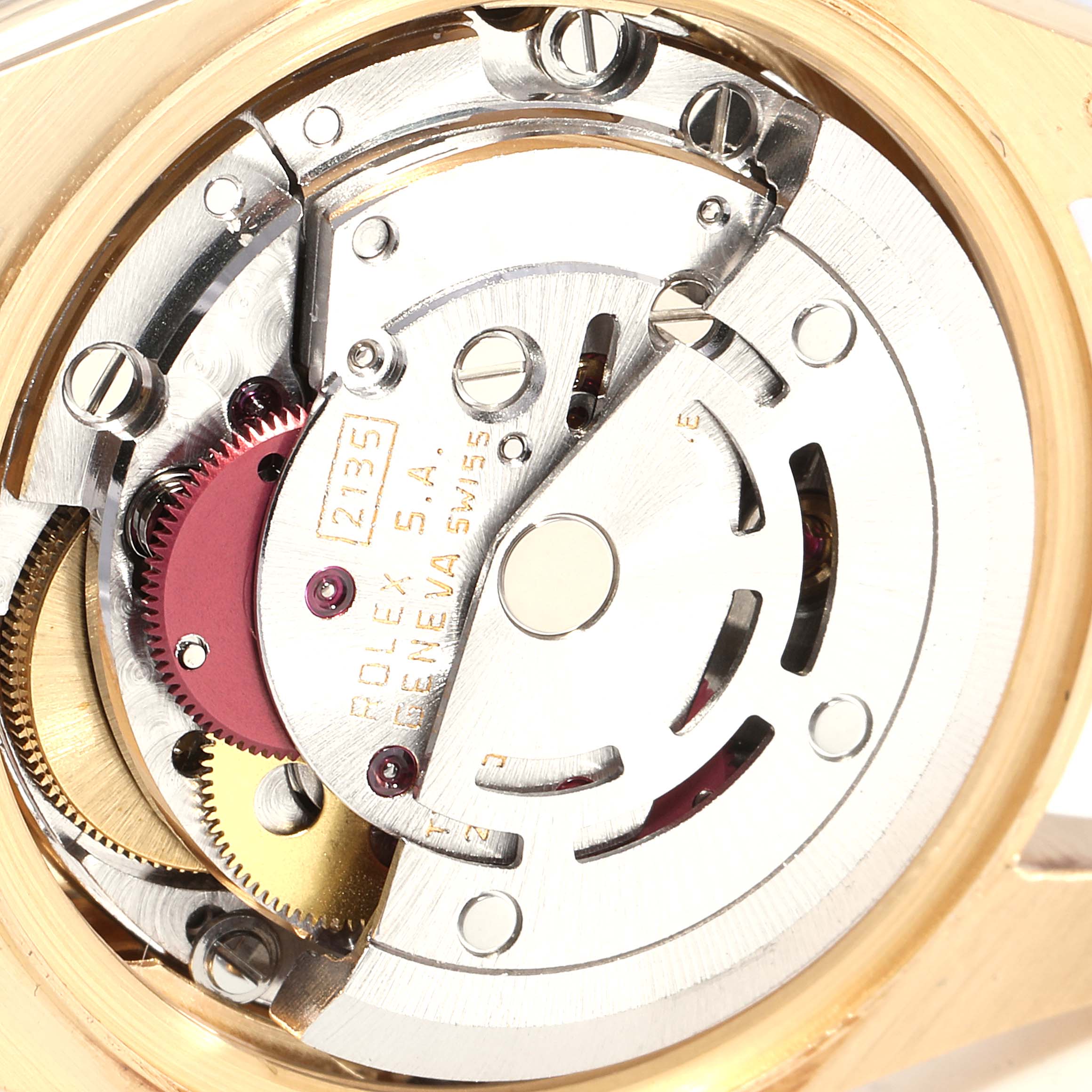 This image shows the internal mechanism and movement of a Rolex President 69178 Women
s Yellow Gold Champagne Dial 69178 Women
s Yellow Gold Champagne Dial model watch viewed from the back.