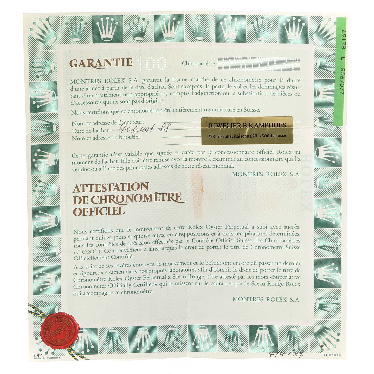 The image shows a warranty certificate for a Rolex President 69178 Women
s Yellow Gold Champagne Dial 69178 Women
s Yellow Gold Champagne Dial model, featuring detailed text and the official Rolex logo.