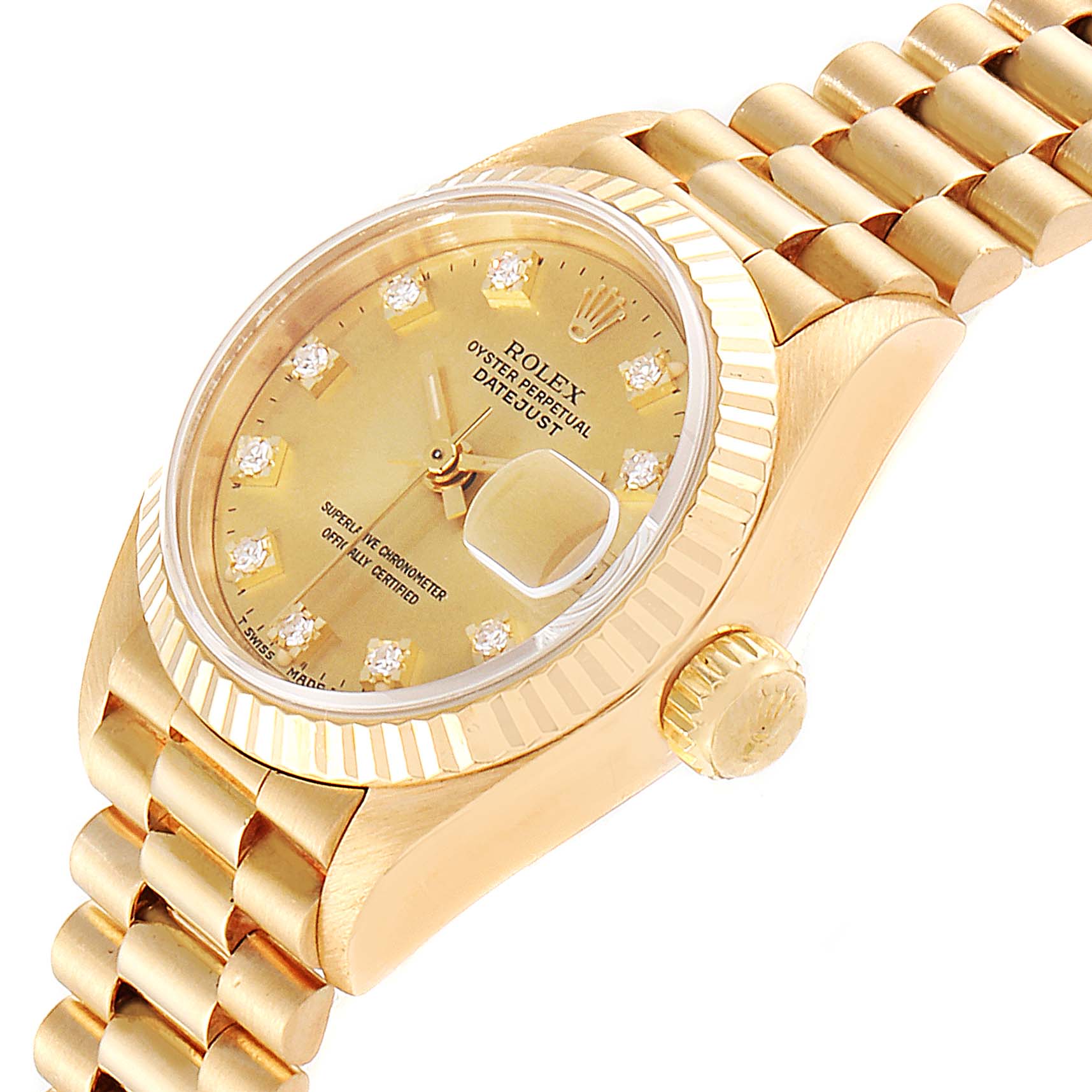 The image shows the dial, crown, and part of the bracelet of the Rolex President 69178 Women
s Yellow Gold Champagne Dial 69178 Women
s Yellow Gold Champagne Dial model watch at a tilted angle.