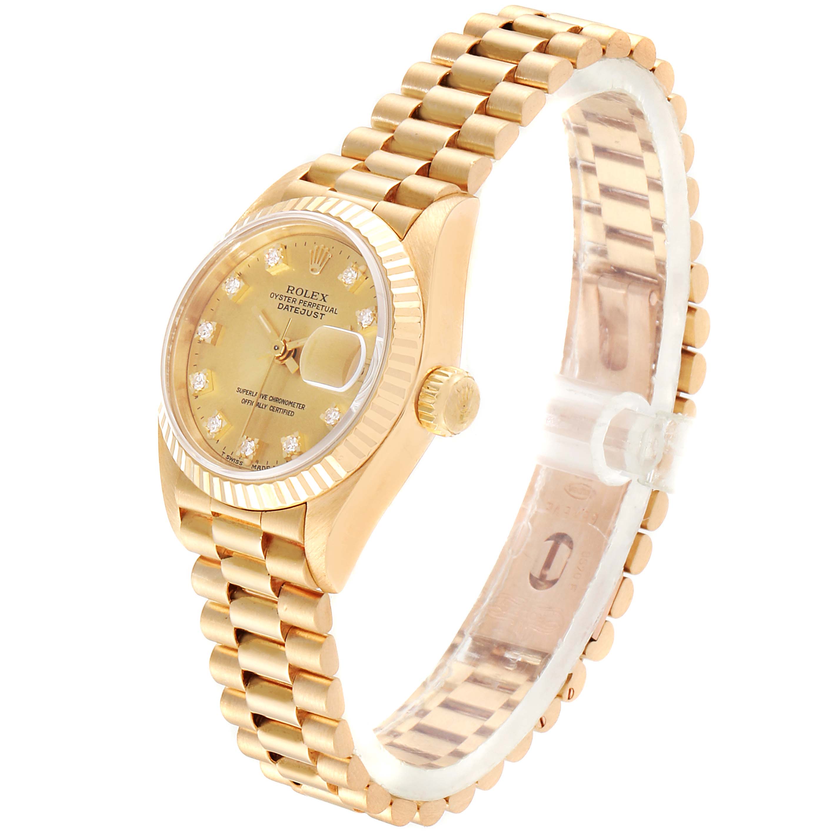 This image shows a side view of the Rolex President 69178 Women
s Yellow Gold Champagne Dial 69178 Women
s Yellow Gold Champagne Dial model watch, highlighting the face, bezel, crown, and bracelet.