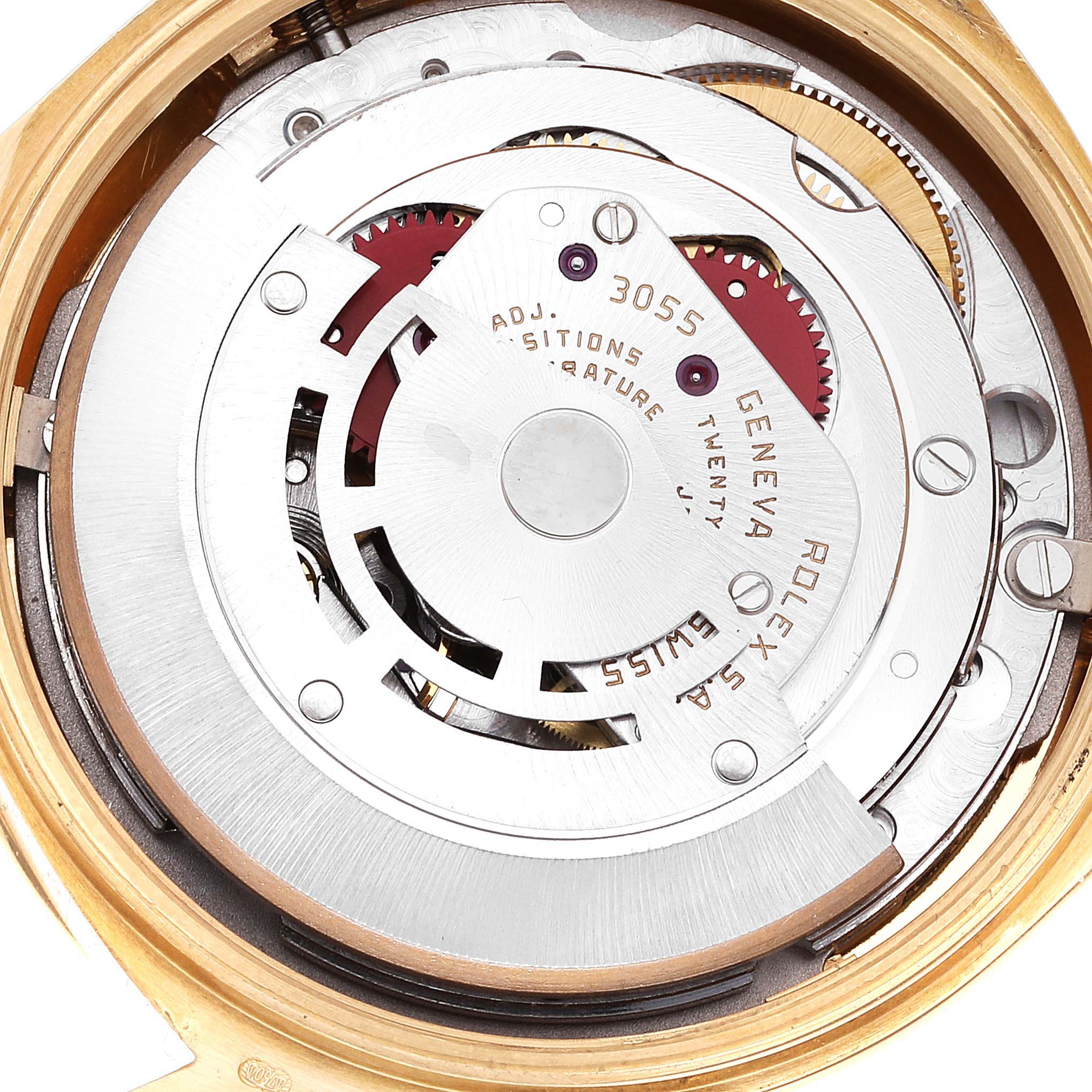 This image shows the internal mechanical movement of a Rolex President 18138 Men
s Yellow Gold Champagne Dial 18138 Men
s Yellow Gold Champagne Dial model watch, viewed from the back.