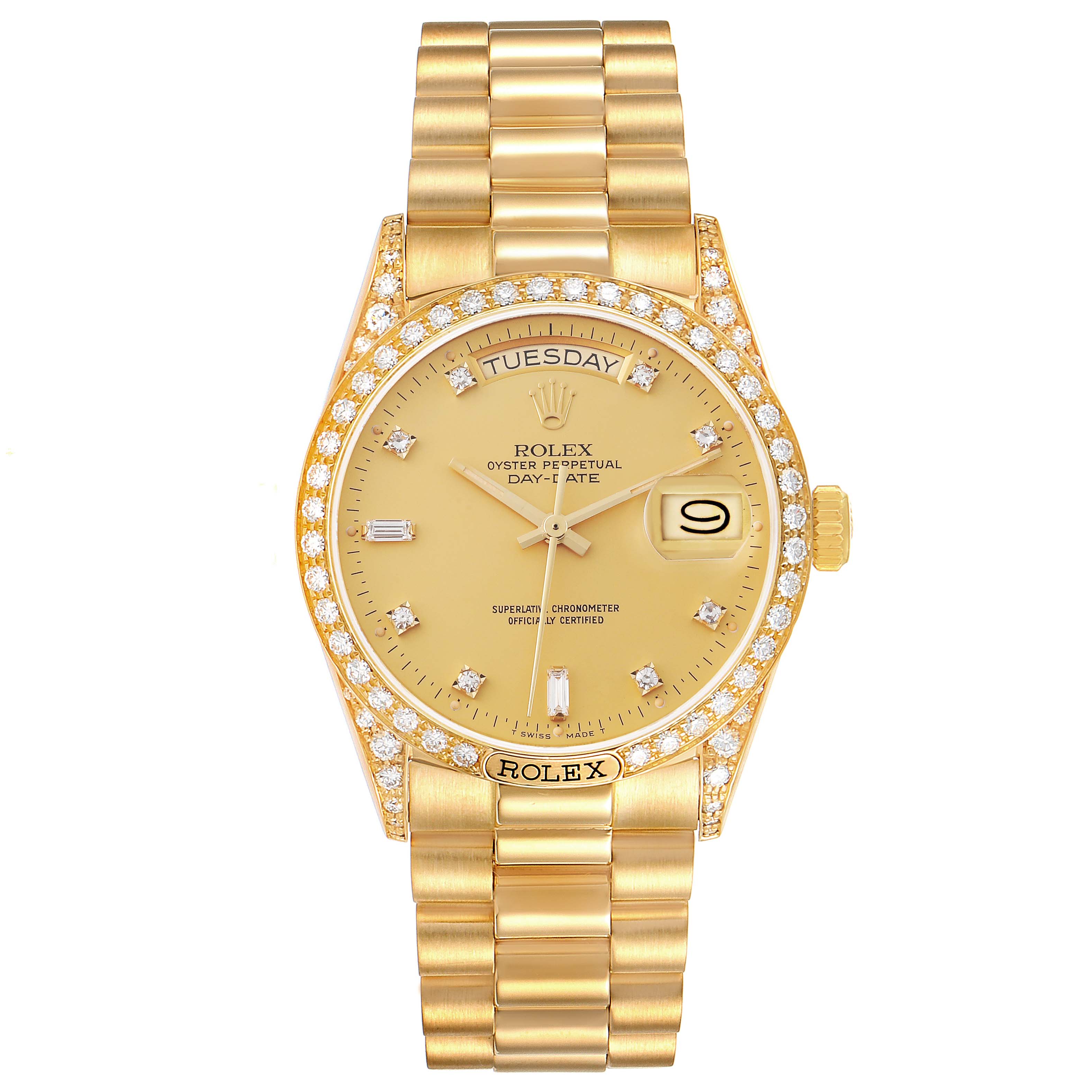 This image shows a front view of the Rolex President 18138 Men
s Yellow Gold Champagne Dial 18138 Men
s Yellow Gold Champagne Dial model watch, featuring a gold bracelet, diamond-studded bezel, and a date display.