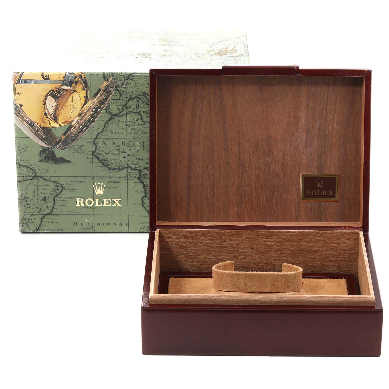 The image shows an open wooden box and packaging for a Rolex President 18138 Men
s Yellow Gold Champagne Dial 18138 Men
s Yellow Gold Champagne Dial model watch, viewed from the front.
