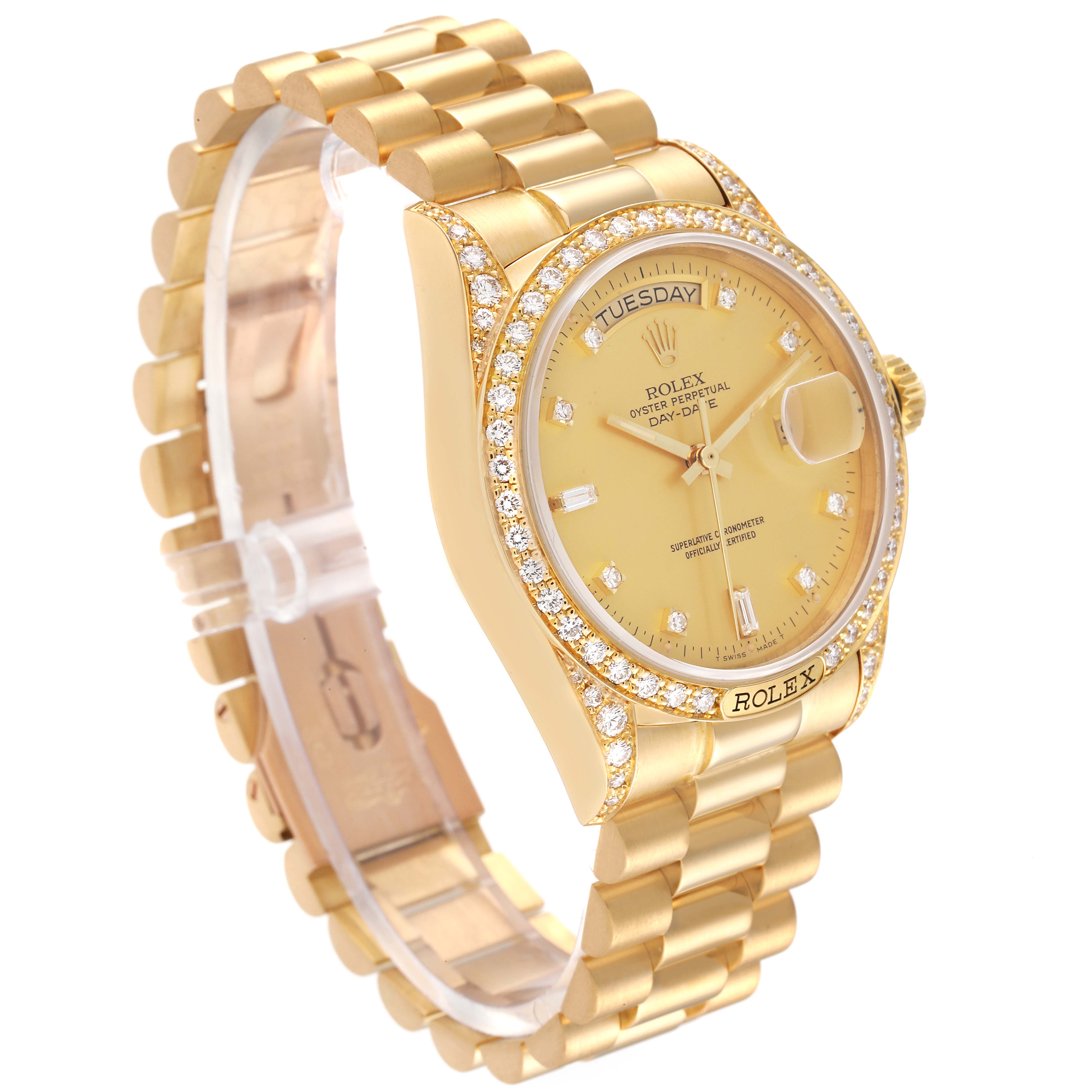 This image shows a Rolex President 18138 Men
s Yellow Gold Champagne Dial 18138 Men
s Yellow Gold Champagne Dial model watch from a three-quarter angle, highlighting the gold band, diamond-encrusted bezel, and dial.