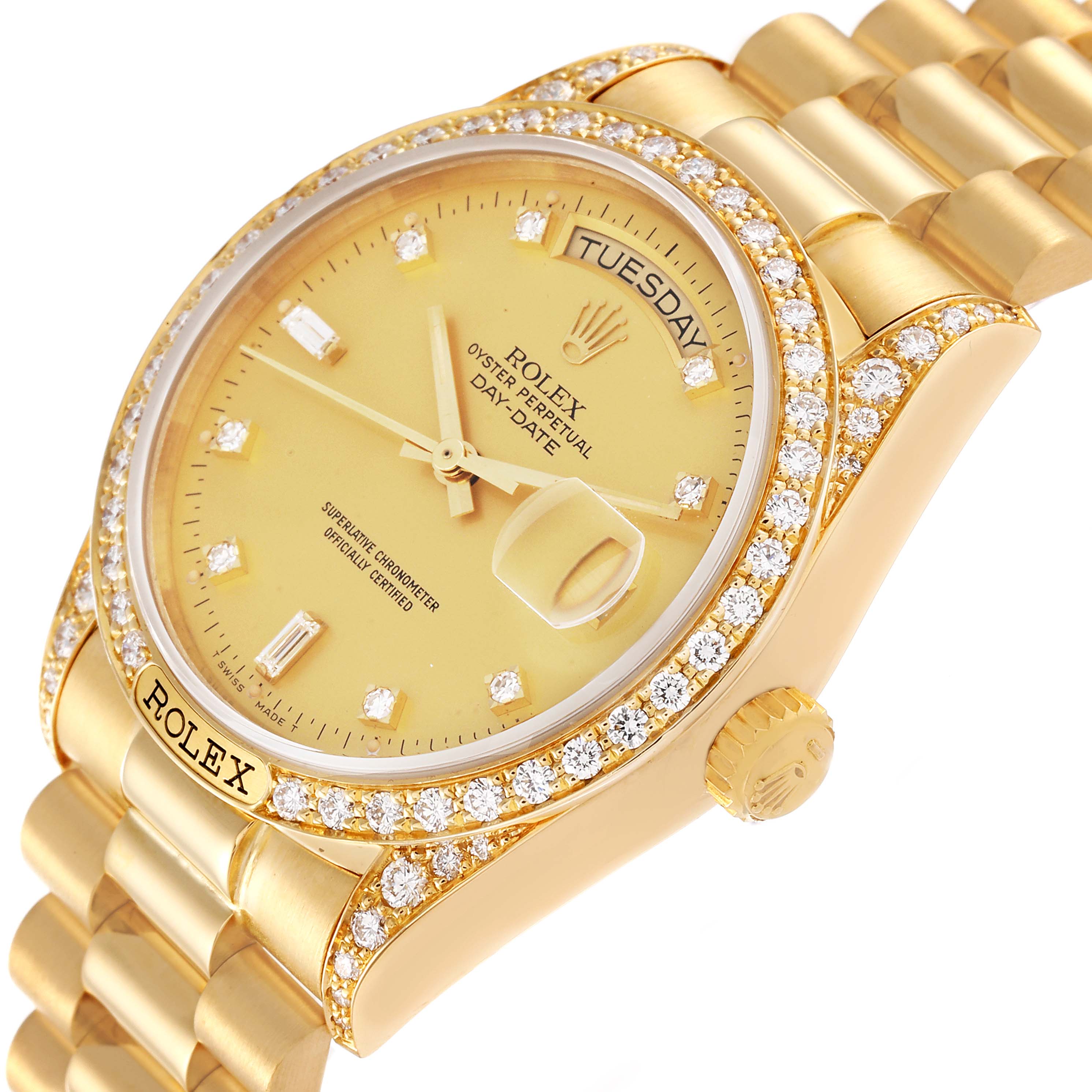 This is a close-up angle of the Rolex President 18138 Men
s Yellow Gold Champagne Dial 18138 Men
s Yellow Gold Champagne Dial model watch, showcasing its gold case, diamond bezel, and bracelet.