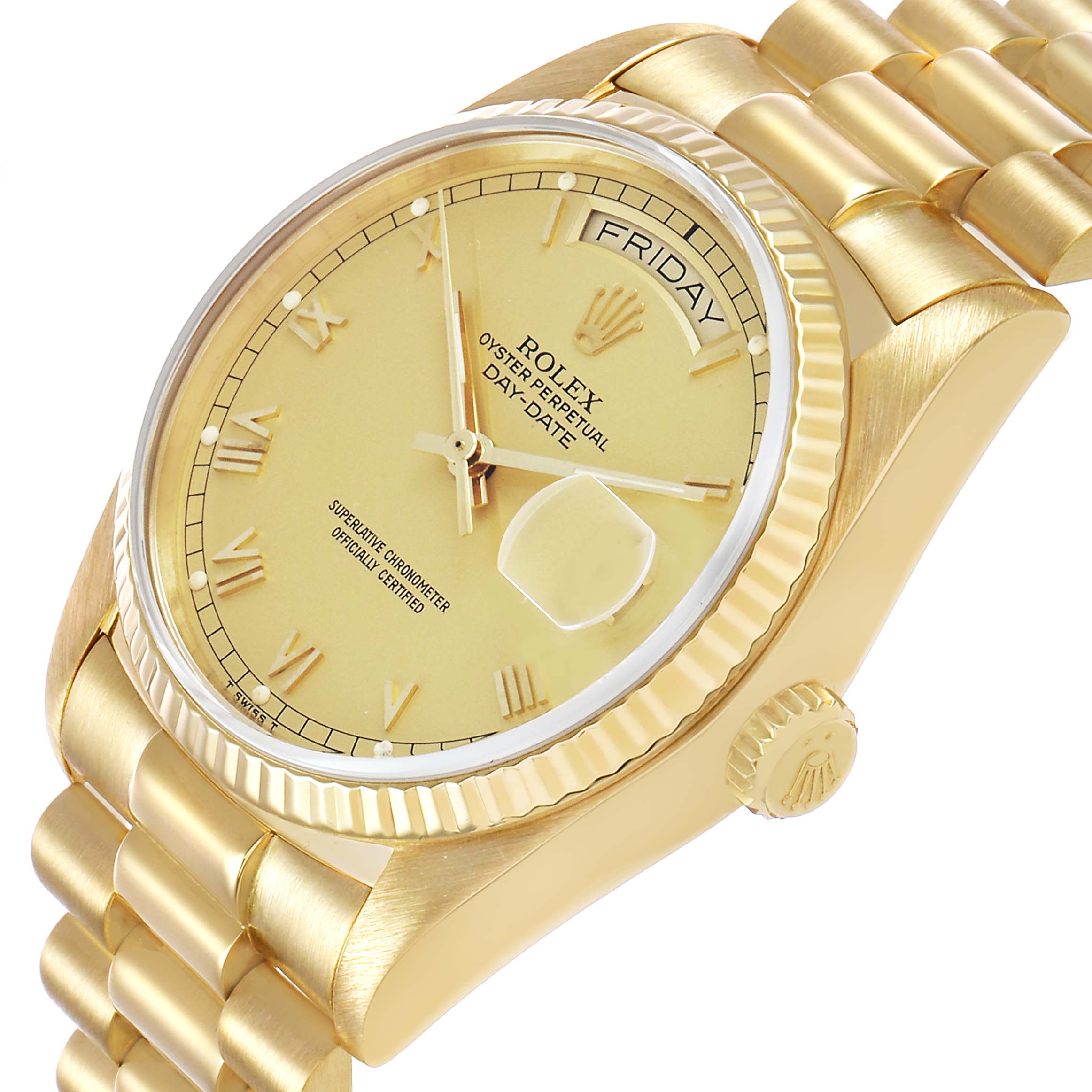 The Rolex President 18038 Men's Yellow Gold Champagne Dial model is shown at an angled view, highlighting the face, day-date display, fluted bezel, and bracelet.