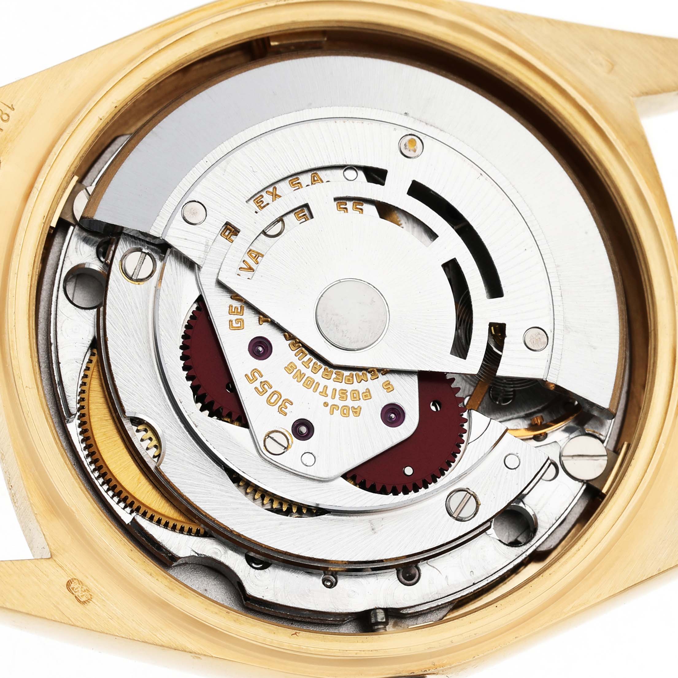 The image shows the inner movement mechanism of a Rolex President 18038 Men's Yellow Gold Champagne Dial watch, viewed from the back.