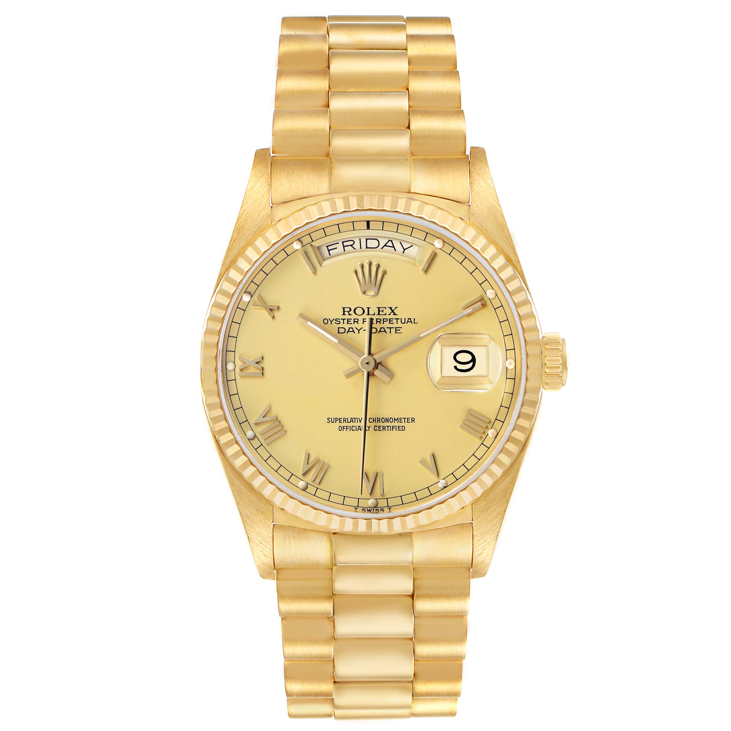 The Rolex President 18038 Men's Yellow Gold Champagne Dial watch is shown from a top-down angle, displaying the face, day-date function, and full bracelet.
