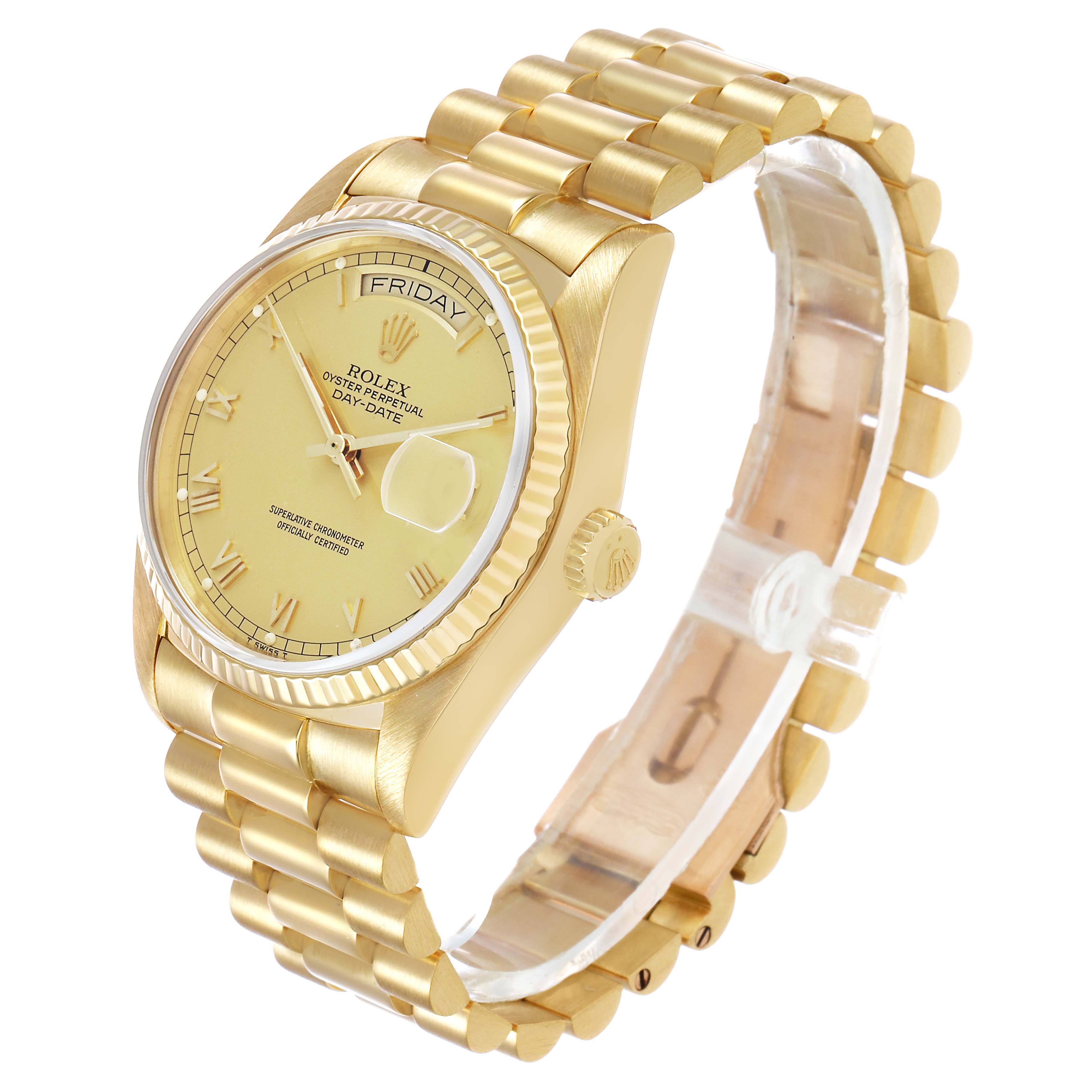 The Rolex President 18038 Men's Yellow Gold Champagne Dial model watch is shown at a three-quarter angle, displaying the face, fluted bezel, and bracelet.