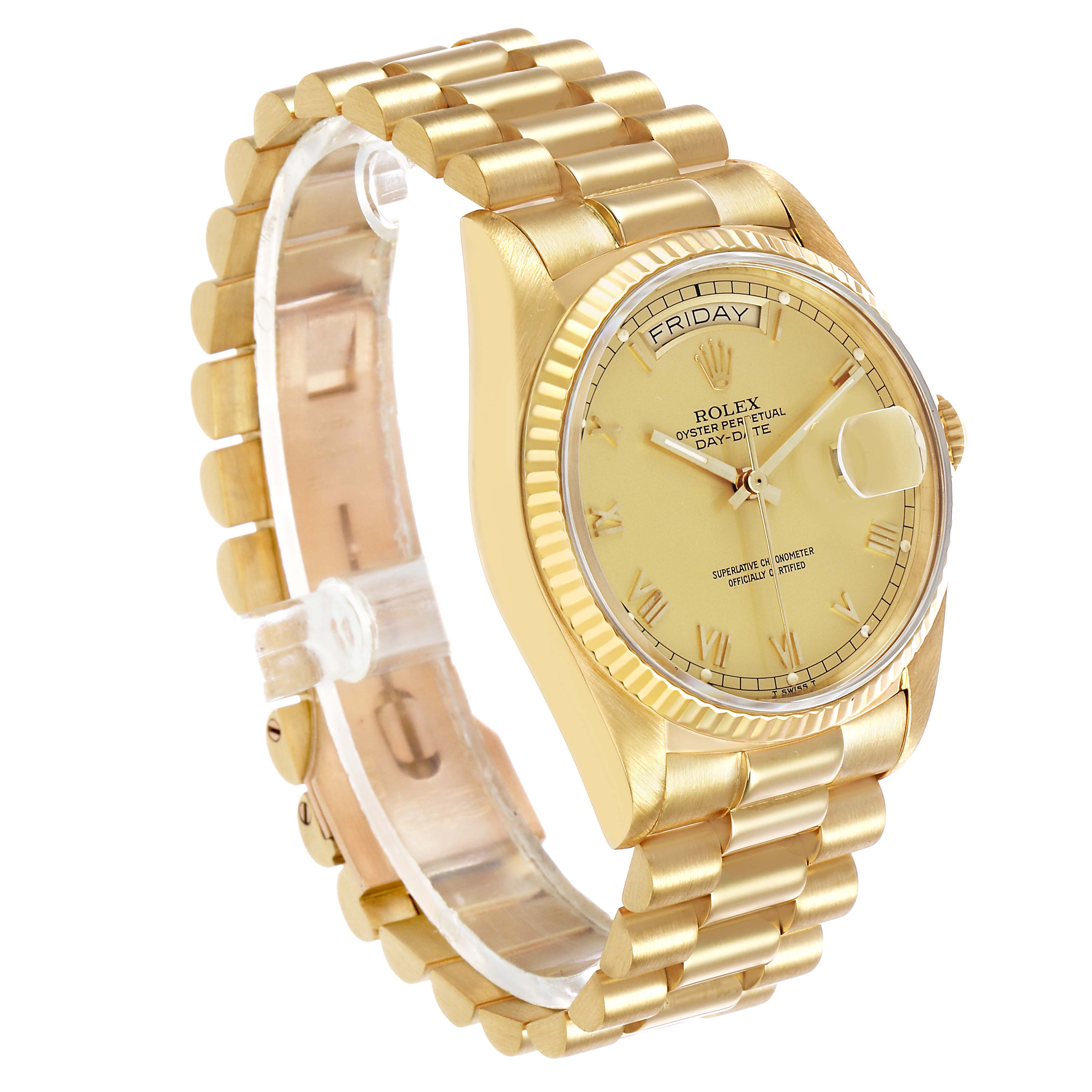 The Rolex President 18038 Men's Yellow Gold Champagne Dial watch is shown at a three-quarter angle, highlighting the face, fluted bezel, and the iconic bracelet.
