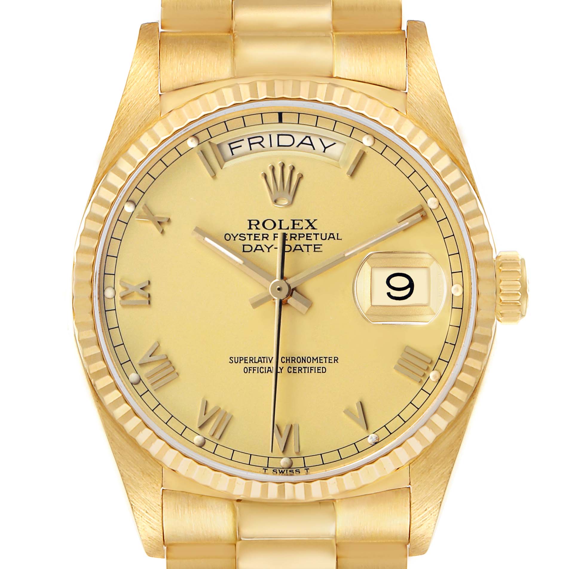 The Rolex President 18038 Men's Yellow Gold Champagne Dial model is shown from a top view, highlighting the face, bezel, and part of the bracelet.
