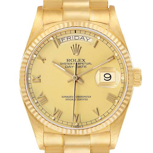 The image shows a Rolex President 18038 Men's Yellow Gold Champagne Dial model watch from a top-down angle, highlighting its face, bezel, bracelet, and day-date features.