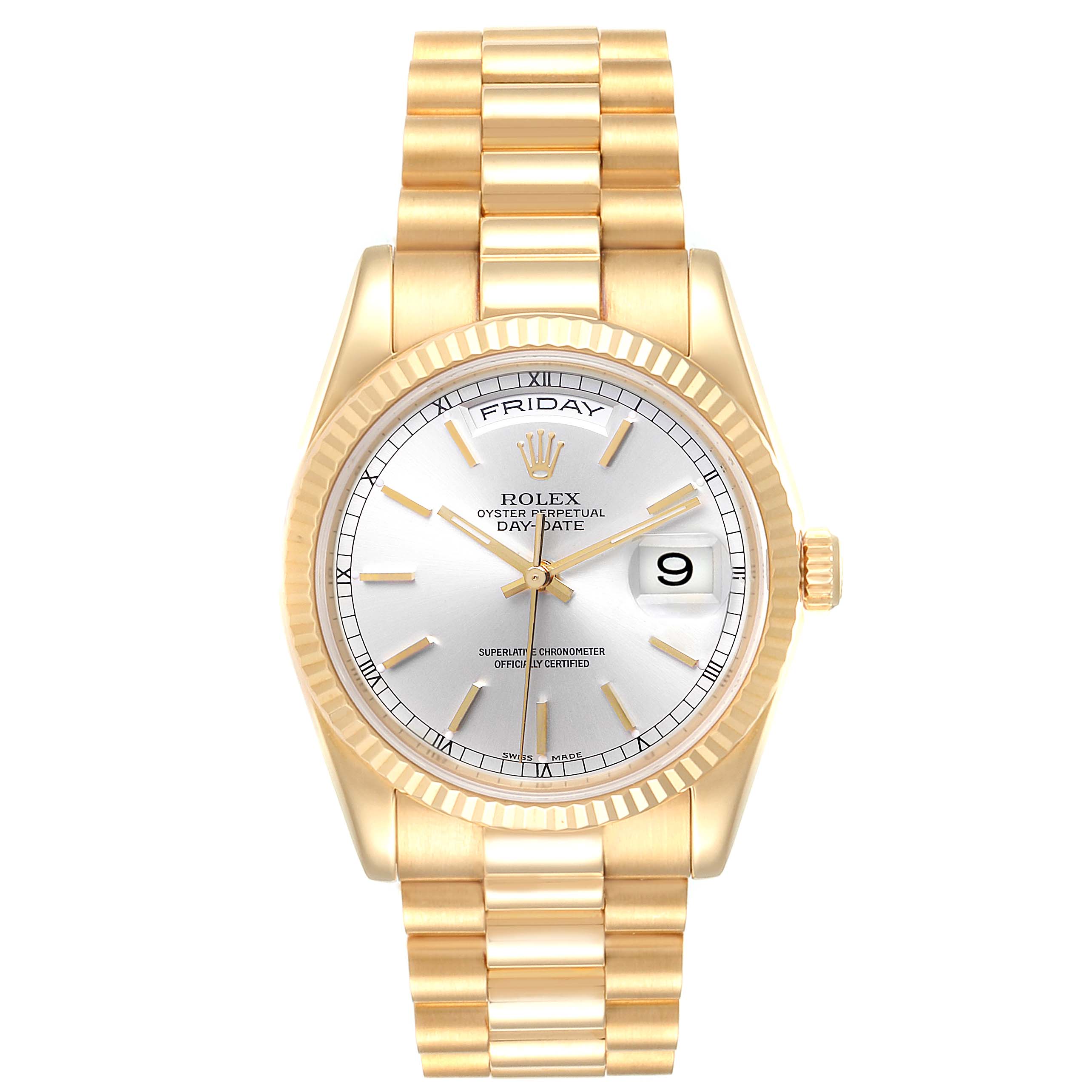 The image shows a front view of the Rolex President 118238 Men
s Yellow Gold Silver Dial 118238 Men
s Yellow Gold Silver Dial model watch, highlighting its gold case, bracelet, and dial with day and date display.