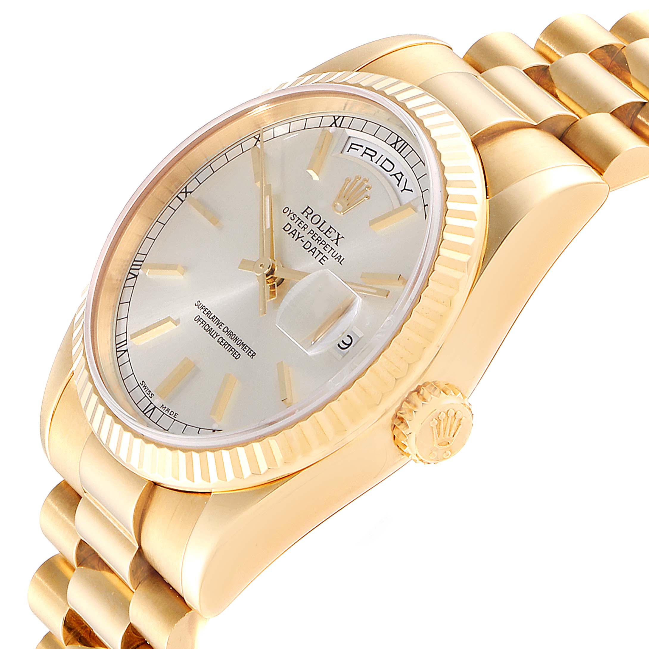 This image shows a side view of a Rolex President 118238 Men
s Yellow Gold Silver Dial 118238 Men
s Yellow Gold Silver Dial model watch, displaying the face, crown, and part of the bracelet.
