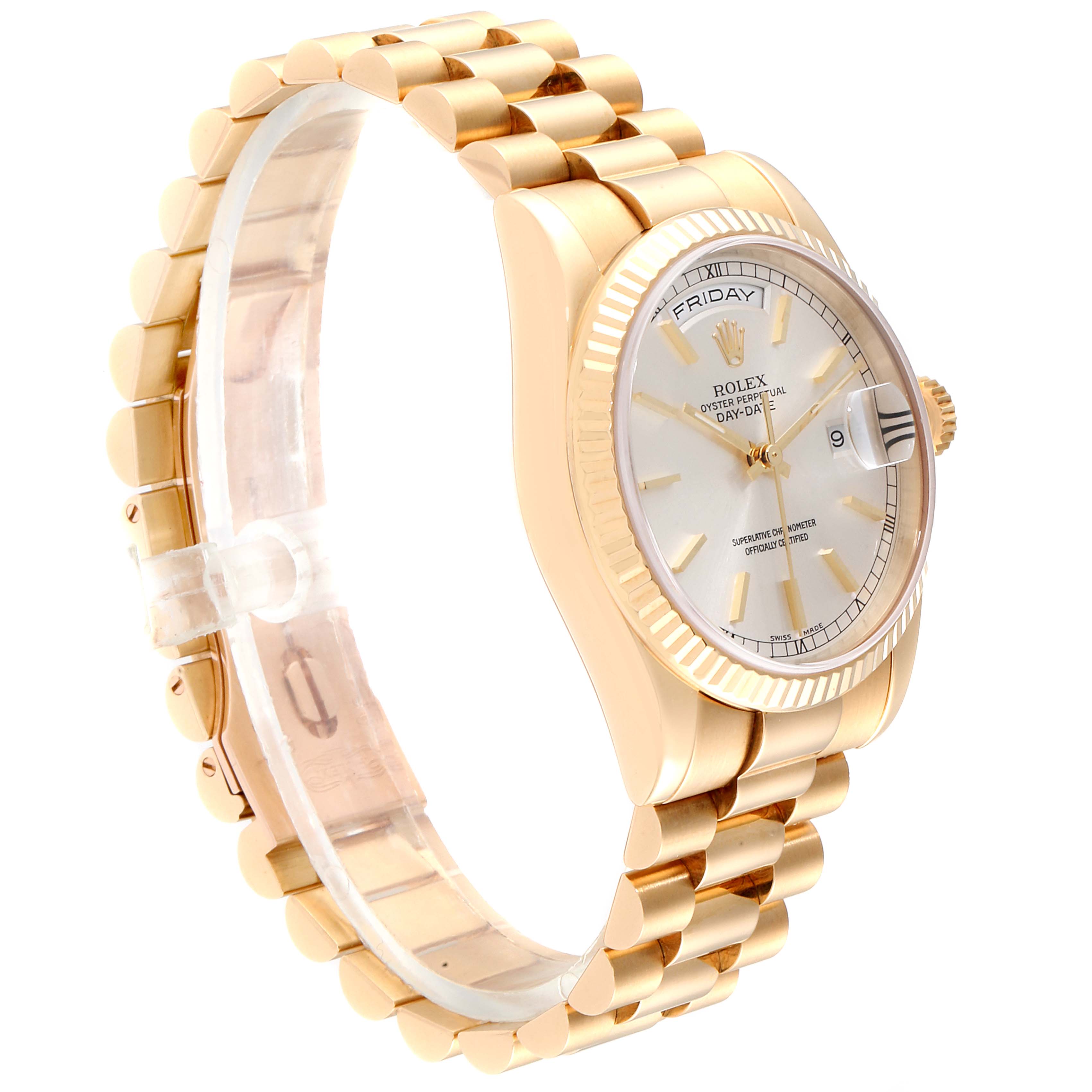 This image shows a side angle of the Rolex President 118238 Men
s Yellow Gold Silver Dial 118238 Men
s Yellow Gold Silver Dial model watch, highlighting its bracelet, case, and dial.