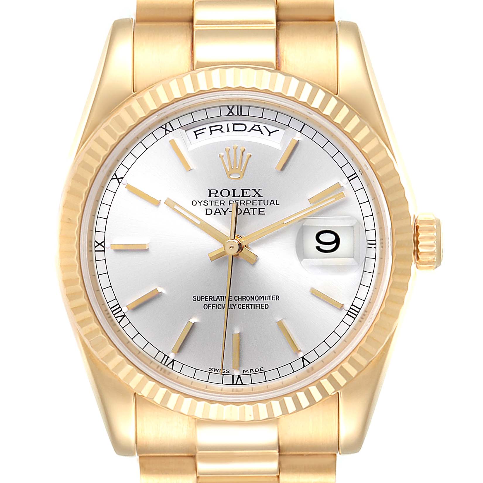 This image shows a Rolex President 118238 Men
s Yellow Gold Silver Dial 118238 Men
s Yellow Gold Silver Dial model watch from a frontal angle, highlighting its face, bezel, and part of the bracelet.