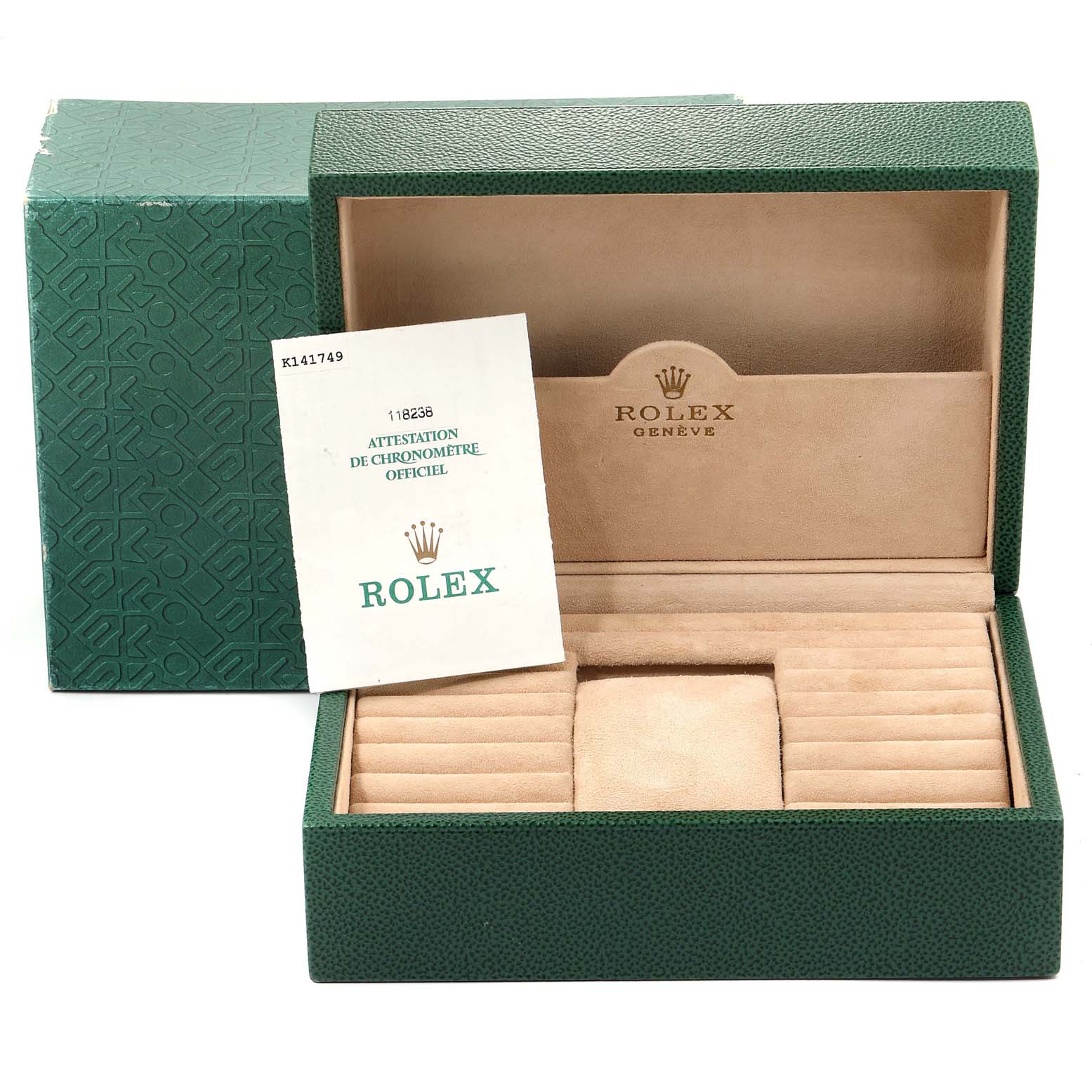 The image shows an open Rolex watch box for the President model along with its official chronometer certification.
