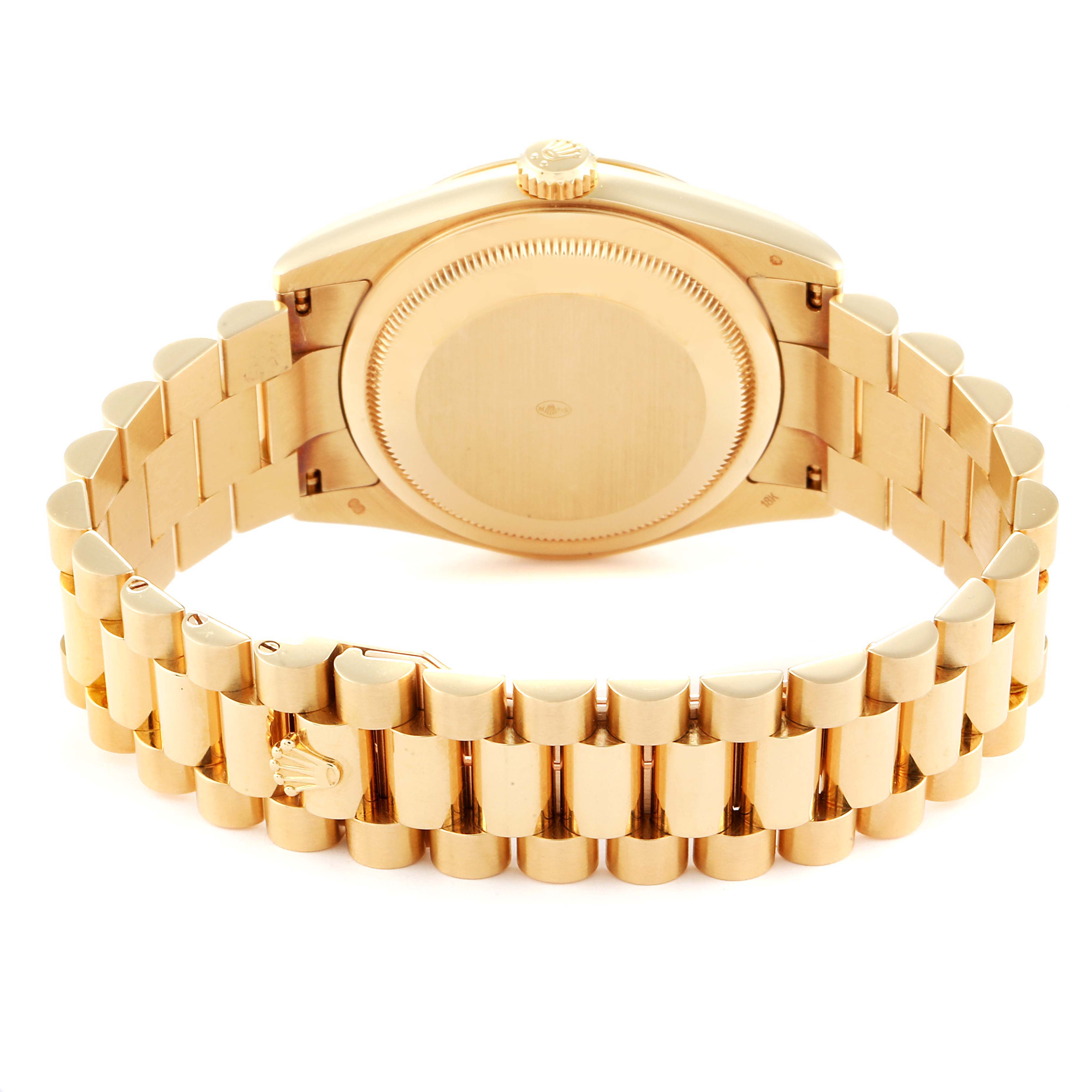 This image shows the back of the Rolex President 118238 Men
s Yellow Gold Silver Dial 118238 Men
s Yellow Gold Silver Dial model watch, highlighting the case and bracelet.