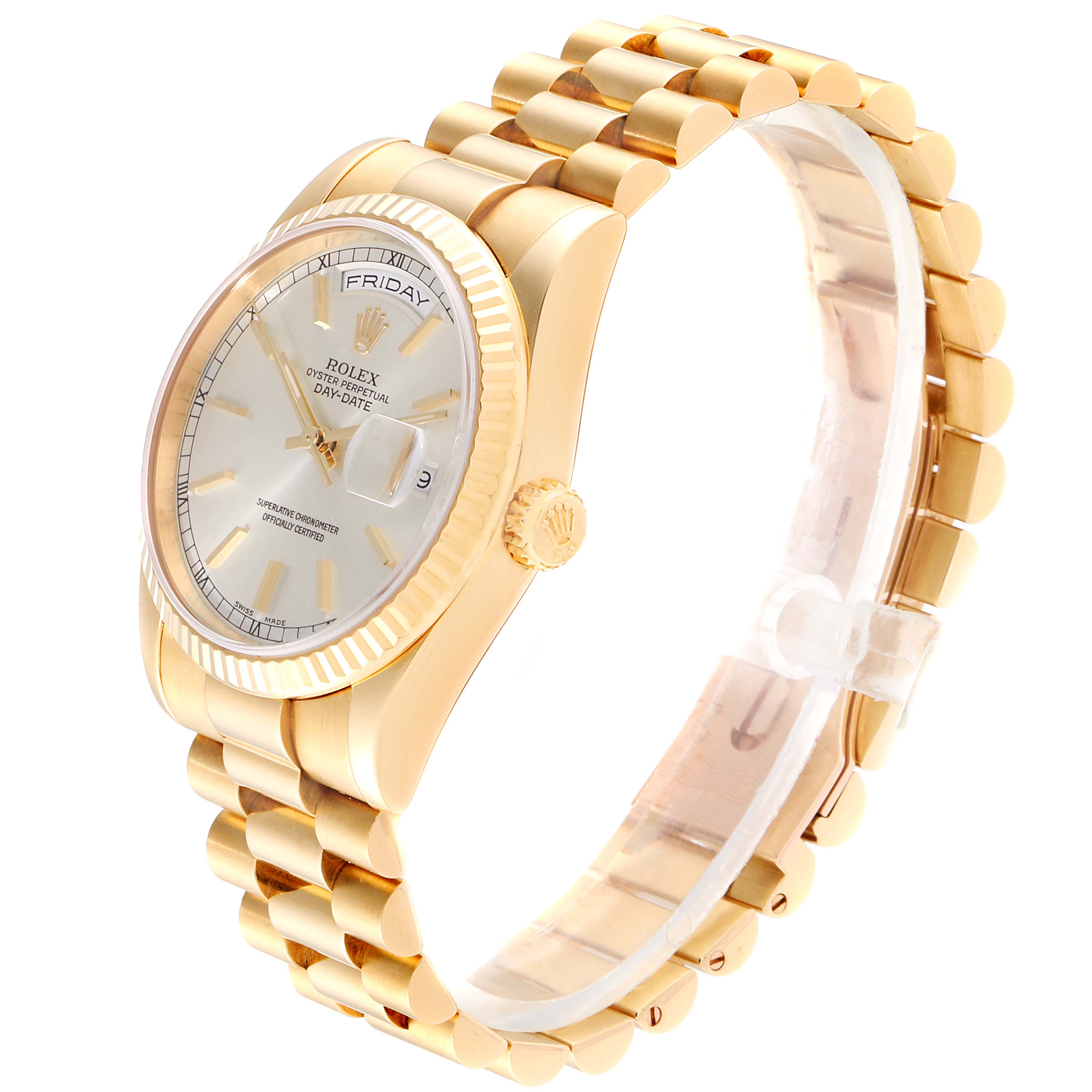 The image shows a side angle of a Rolex President 118238 Men
s Yellow Gold Silver Dial 118238 Men
s Yellow Gold Silver Dial model watch, highlighting its gold bracelet, crown, and detailed face.