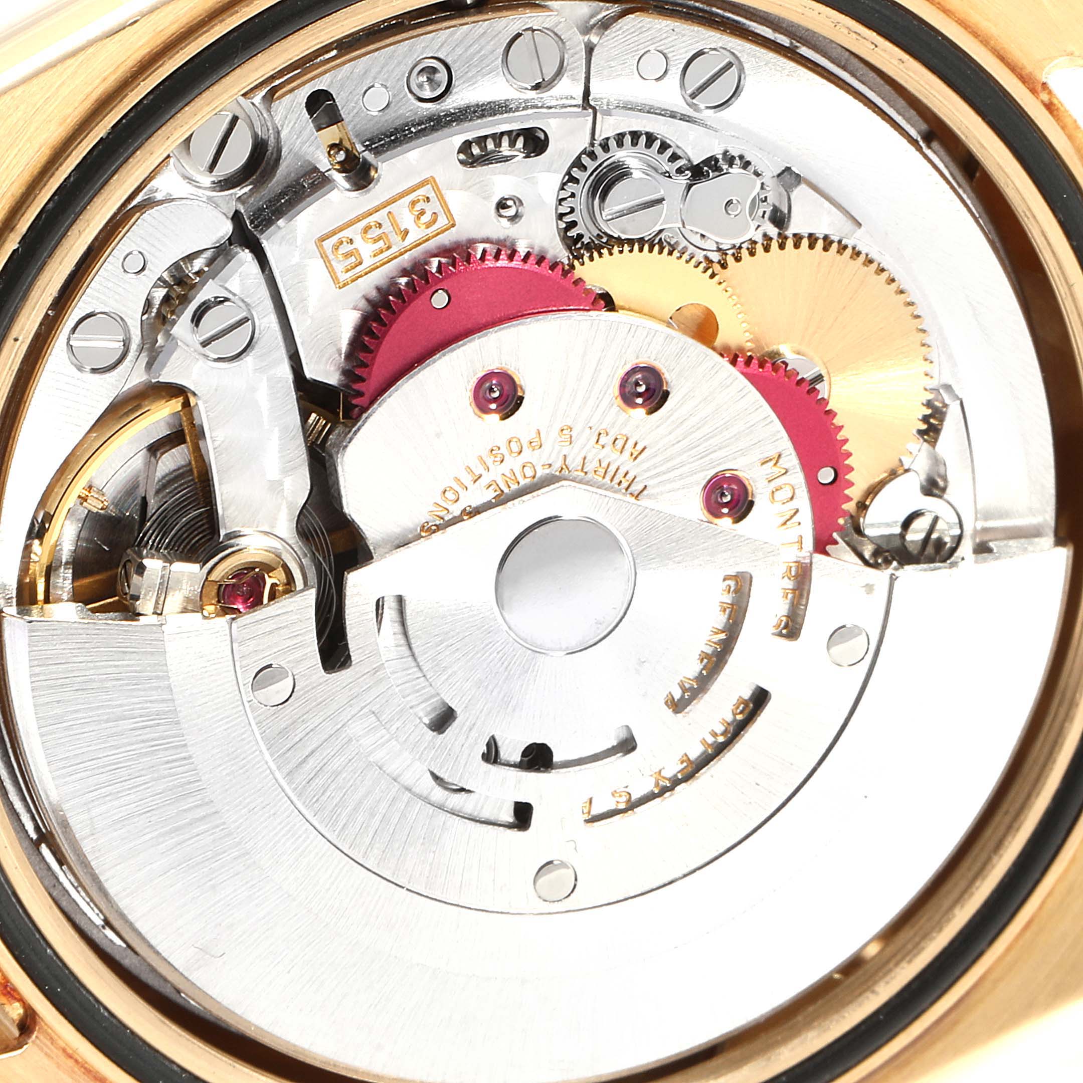 This image shows an internal view of the movement mechanism of a Rolex President 118238 Men
s Yellow Gold Silver Dial 118238 Men
s Yellow Gold Silver Dial model watch.