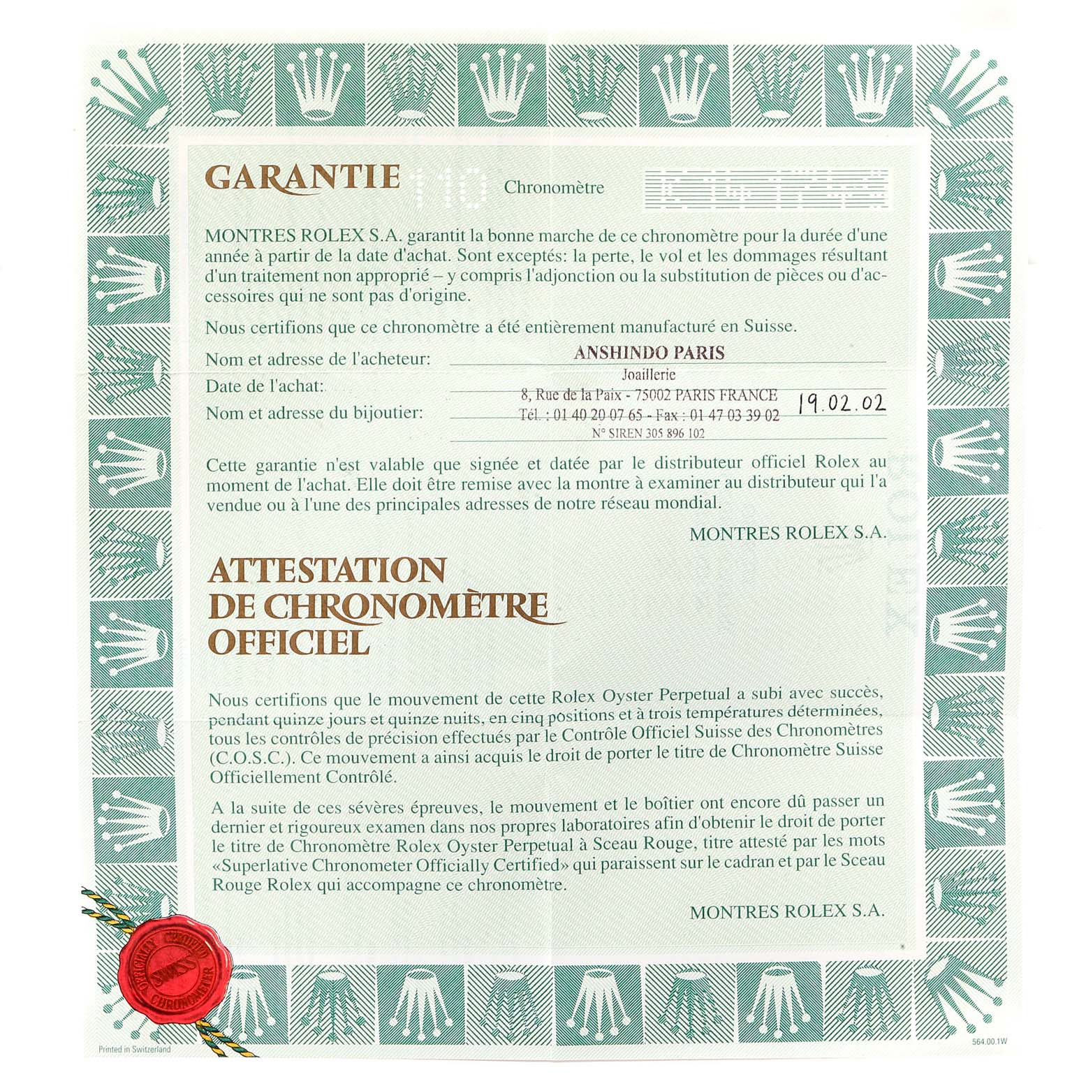 The image shows an official Rolex guarantee certificate for a President model, including warranty and chronometer certification details.