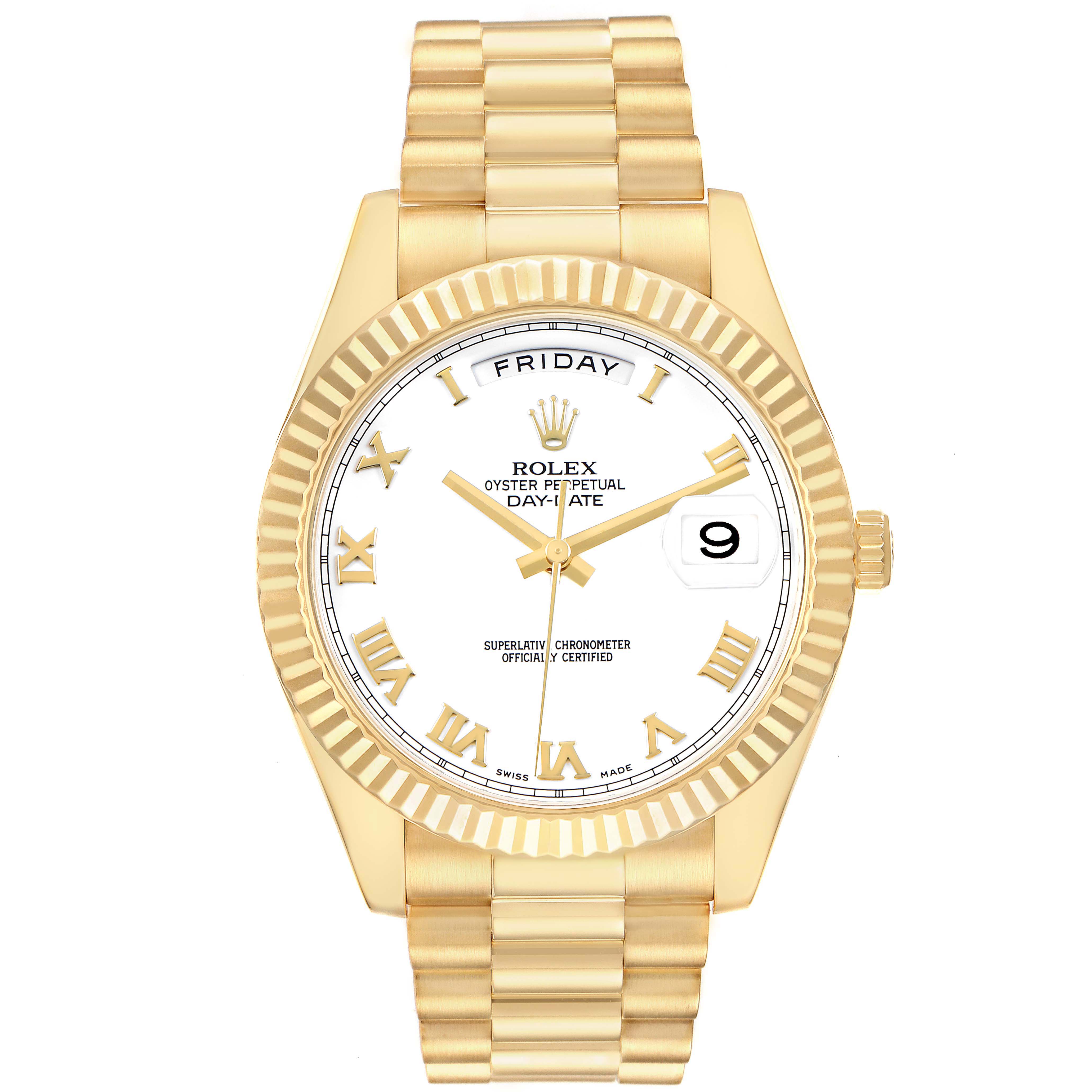 The Rolex President 218238 Men's Yellow Gold White Dial model is shown from the front, displaying the face, bezel, and bracelet.
