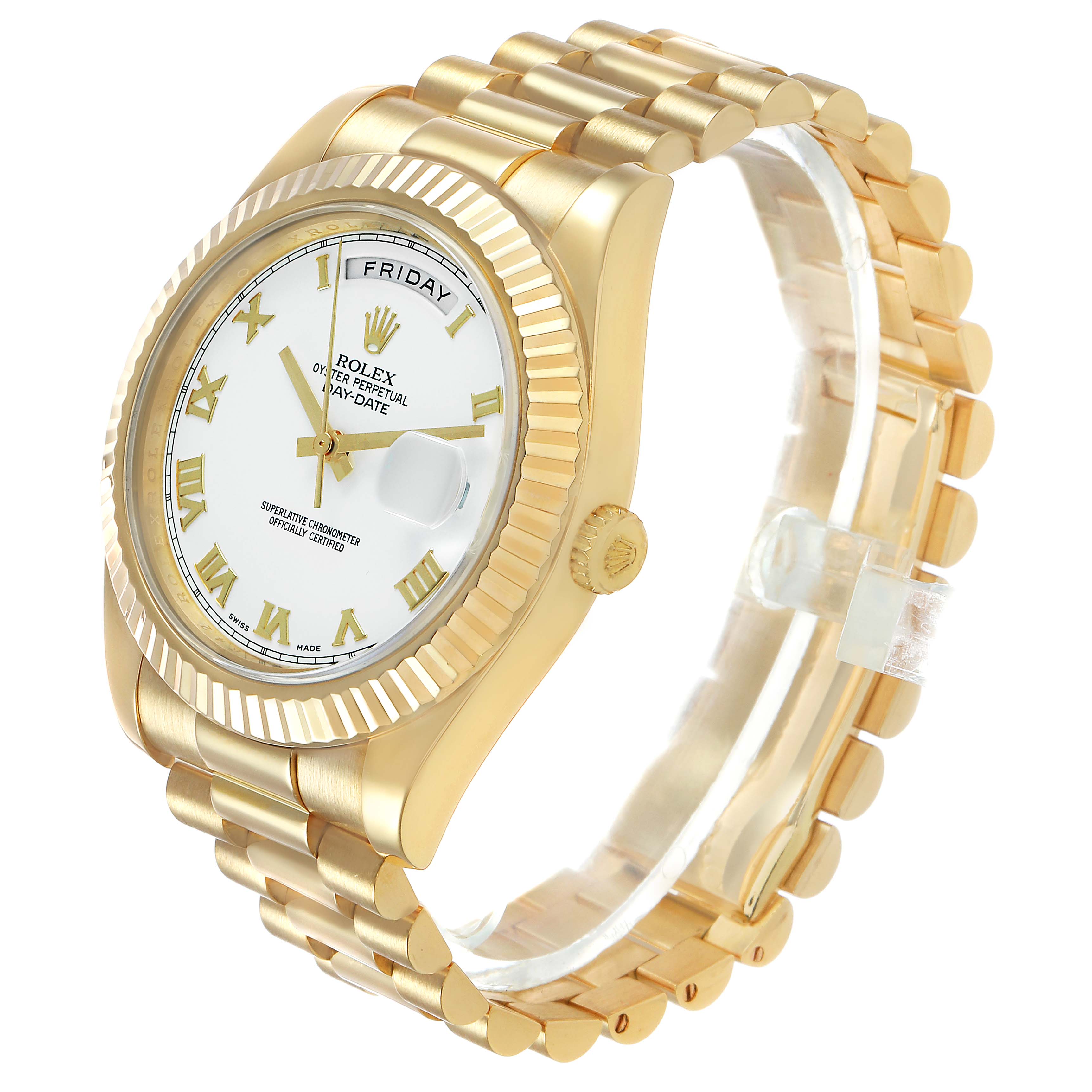 The Rolex President 218238 Men's Yellow Gold White Dial model is shown at a slight angle, highlighting the gold case, fluted bezel, day-date display, and President bracelet.