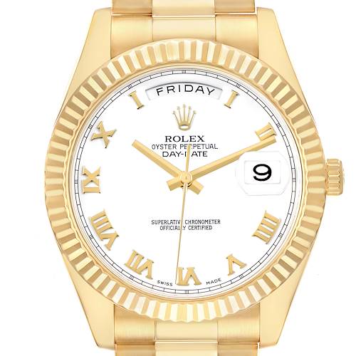 The Rolex President 218238 Men's Yellow Gold White Dial model watch is shown from the front, highlighting the dial, hands, bezel, and part of the bracelet.