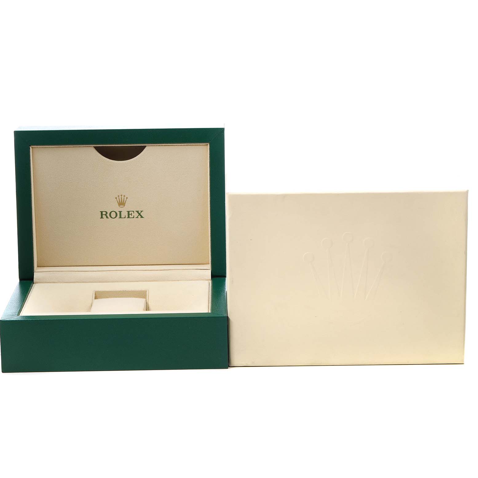 The image shows an open green Rolex President 218238 Men's Yellow Gold White Dial watch box and its matching outer cream-colored box cover.